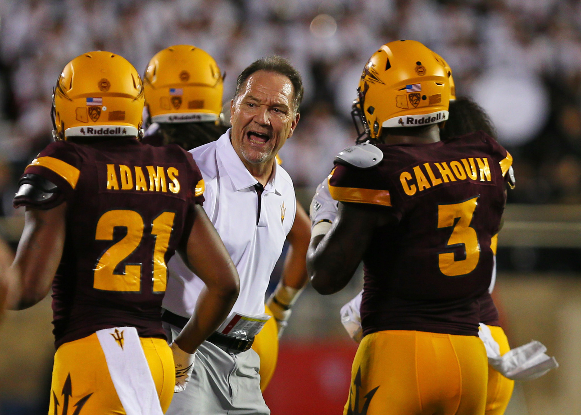 LUBBOCK, TX - SEPTEMBER 16: Arizona State defensive coordinator Phil Bennett gives instructions to his team as they come off the field during the Texas Tech Raider's 52-45 victory over the Arizona State Sun Devils on September 16, 2017 at Jones AT&amp;T Stadium in Lubbock, TX. (Photo by Sam Grenadier/Icon Sportswire)