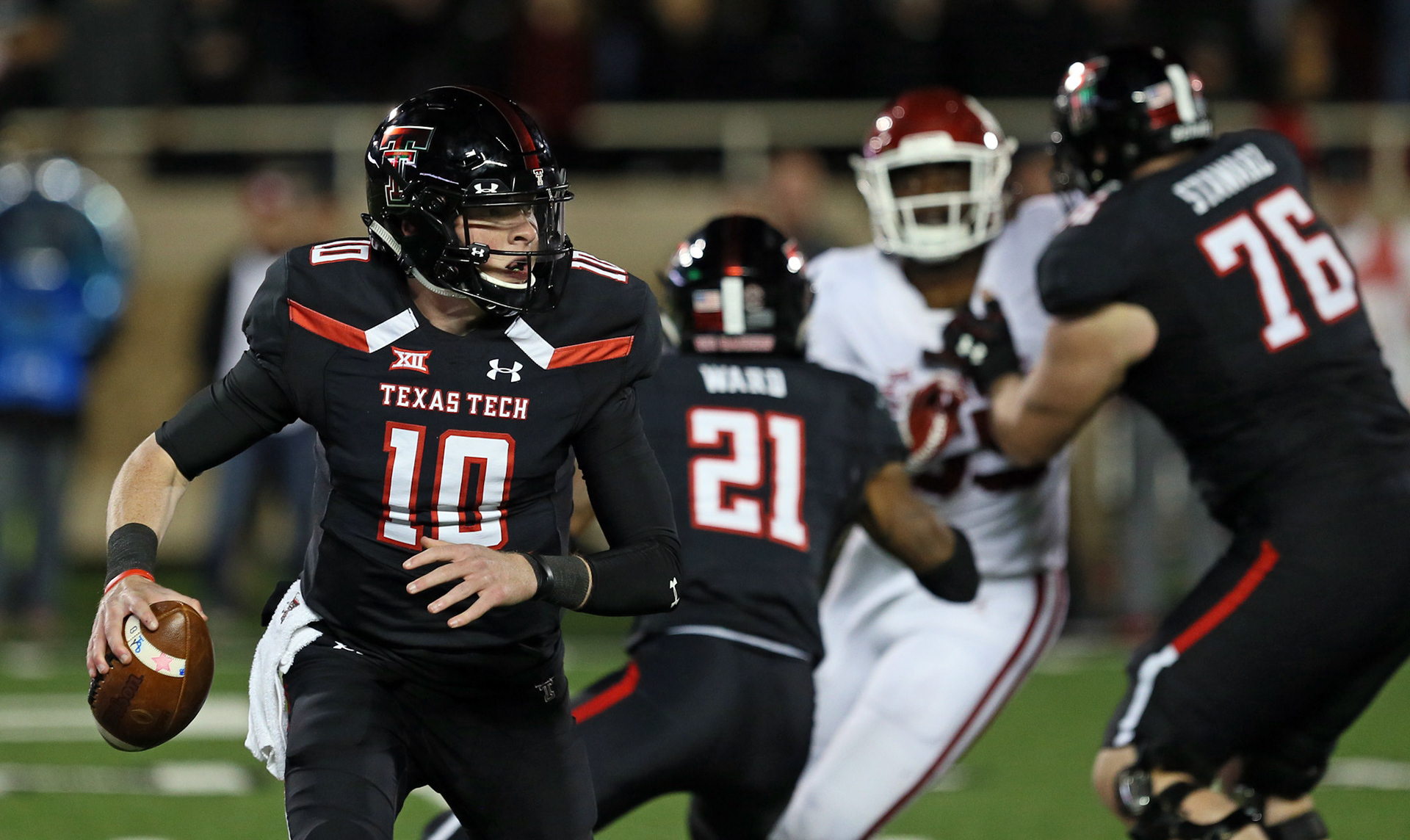 Texas Tech's Alan Bowman (10) runs with the ball during the game against Oklahoma Saturday, Nov. 3, 2018, at Jones AT&amp;T Stadium in Lubbock, Texas. [Sam Grenadier/A-J Media]