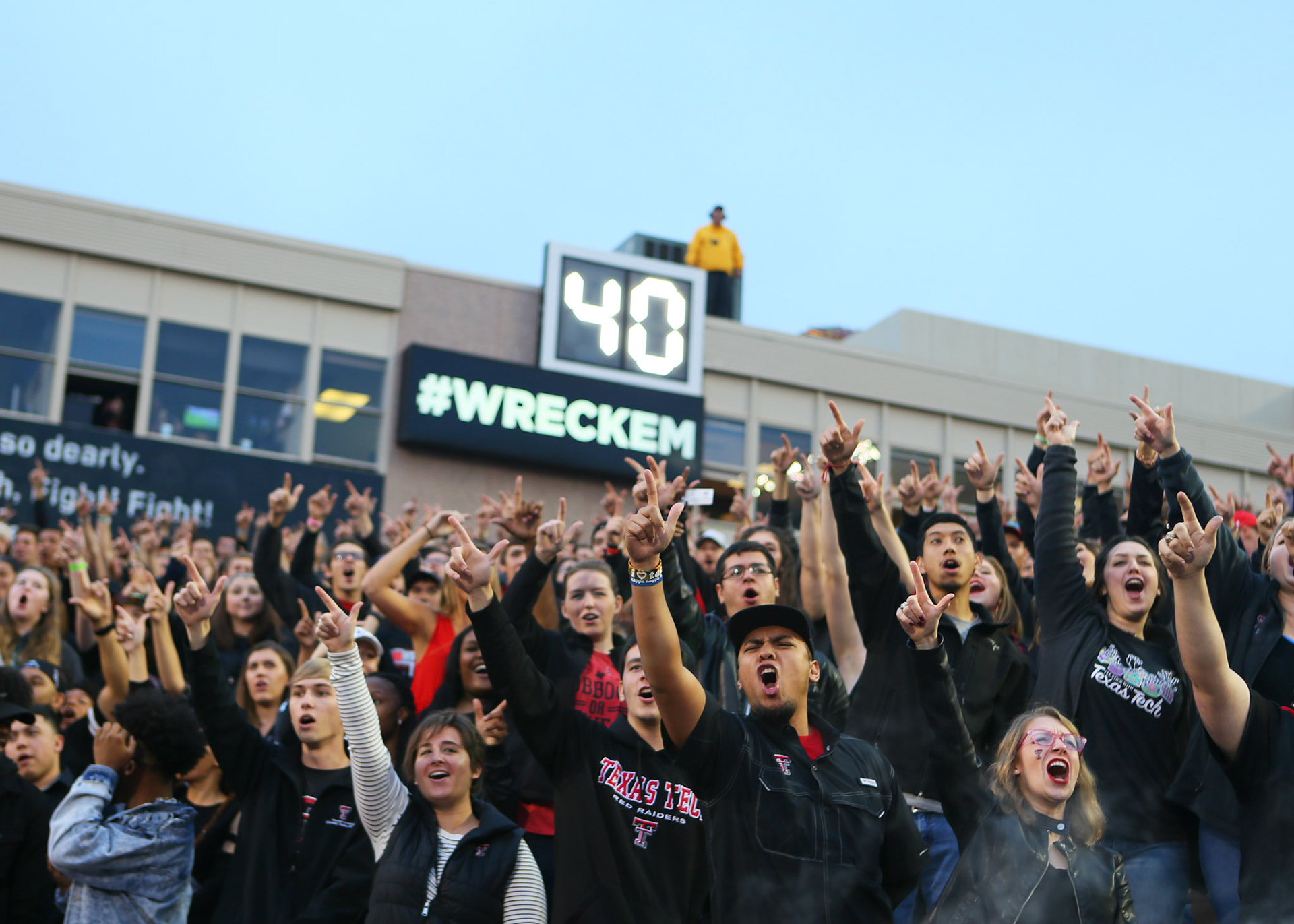 LUBBOCK, TX - SEPTEMBER 30: Texas Tech fans sing along with the school song before the start of the Texas Tech Raider's 41-34 loss to the Oklahoma State Cowboys on September 30, 2017 at Jones AT&amp;T Stadium in Lubbock, TX. (Photo by Sam Grenadier/Icon Sportswire)