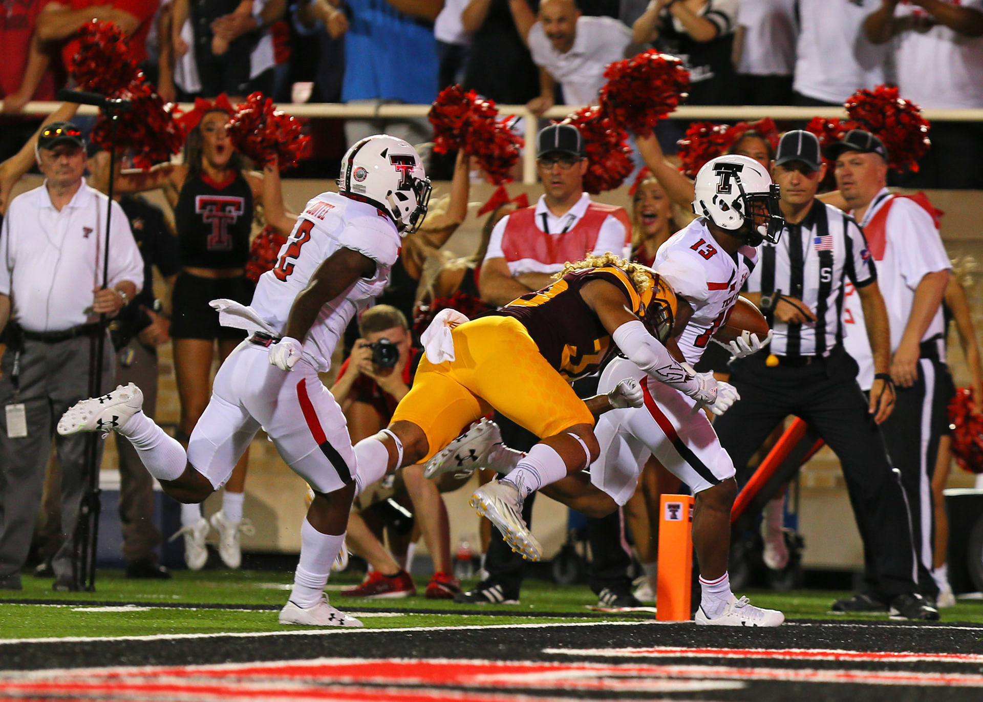 LUBBOCK, TX - SEPTEMBER 16: Texas Tech wide receiver Cameron Batson (13) scores a touchdown during the Texas Tech Raider's 52-45 victory over the Arizona State Sun Devils on September 16, 2017 at Jones AT&amp;T Stadium in Lubbock, TX. (Photo by Sam Grenadier/Icon Sportswire)