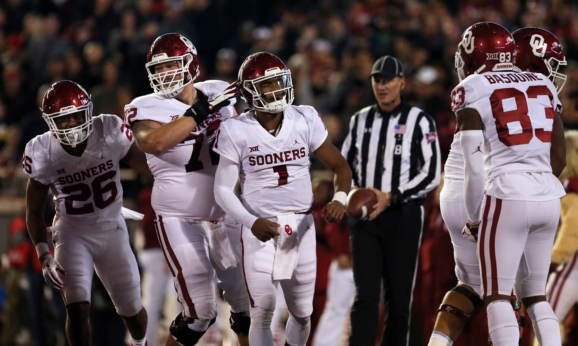Oklahoma's Kyler Murray (1) celebrates a touchdown during the game against Oklahoma Saturday, Nov. 3, 2018, at Jones AT&amp;T Stadium in Lubbock, Texas. [Sam Grenadier/A-J Media]