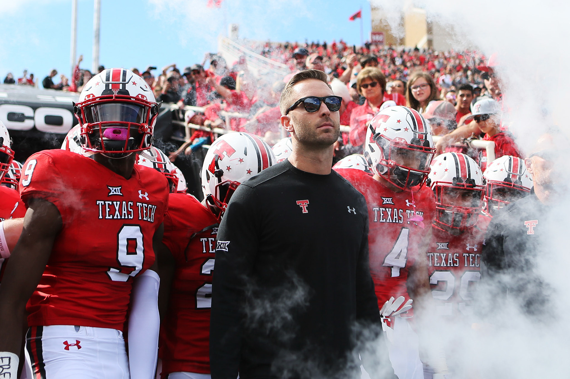 Texas Tech head coach Kliff Kingsbury waits to lead the team onto the field before the game against Kansas Saturday, Oct. 20, 2018, at Jones AT&amp;T Stadium in Lubbock, Texas. [Sam Grenadier/A-J Media]