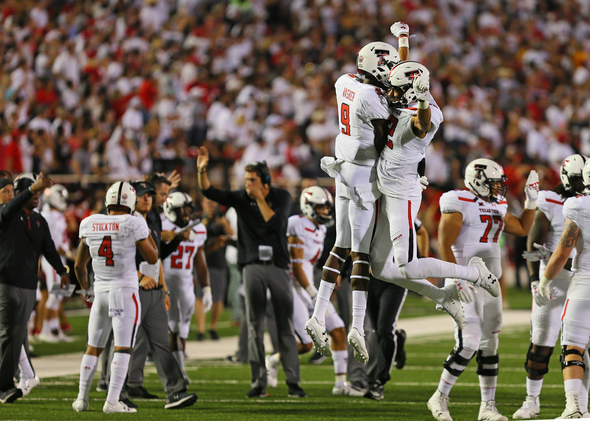 LUBBOCK, TX - SEPTEMBER 16: Texas Tech defensive back T.J. Vasher (9) and wide receiver Antoine Wesley (22)  celebrate a blocked punt during the Texas Tech Raider's 52-45 victory over the Arizona State Sun Devils on September 16, 2017 at Jones AT&amp;T Stadium in Lubbock, TX. (Photo by Sam Grenadier/Icon Sportswire)