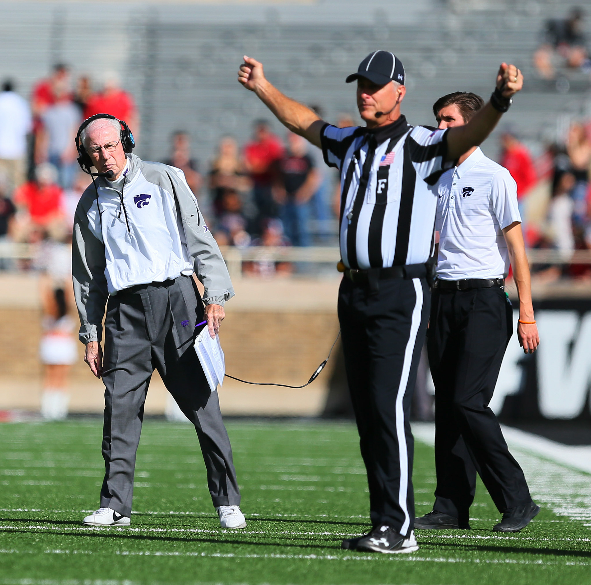 LUBBOCK, TX - NOVEMBER 04: Kansas State head coach Bill Snyder looks at the spot of the ball during the Texas Tech Raider's 42-35 loss to the Kansas State Wildcats on November 4, 2017 at Jones AT&amp;T Stadium in Lubbock, TX. (Photo by Sam Grenadier/Icon Sportswire)