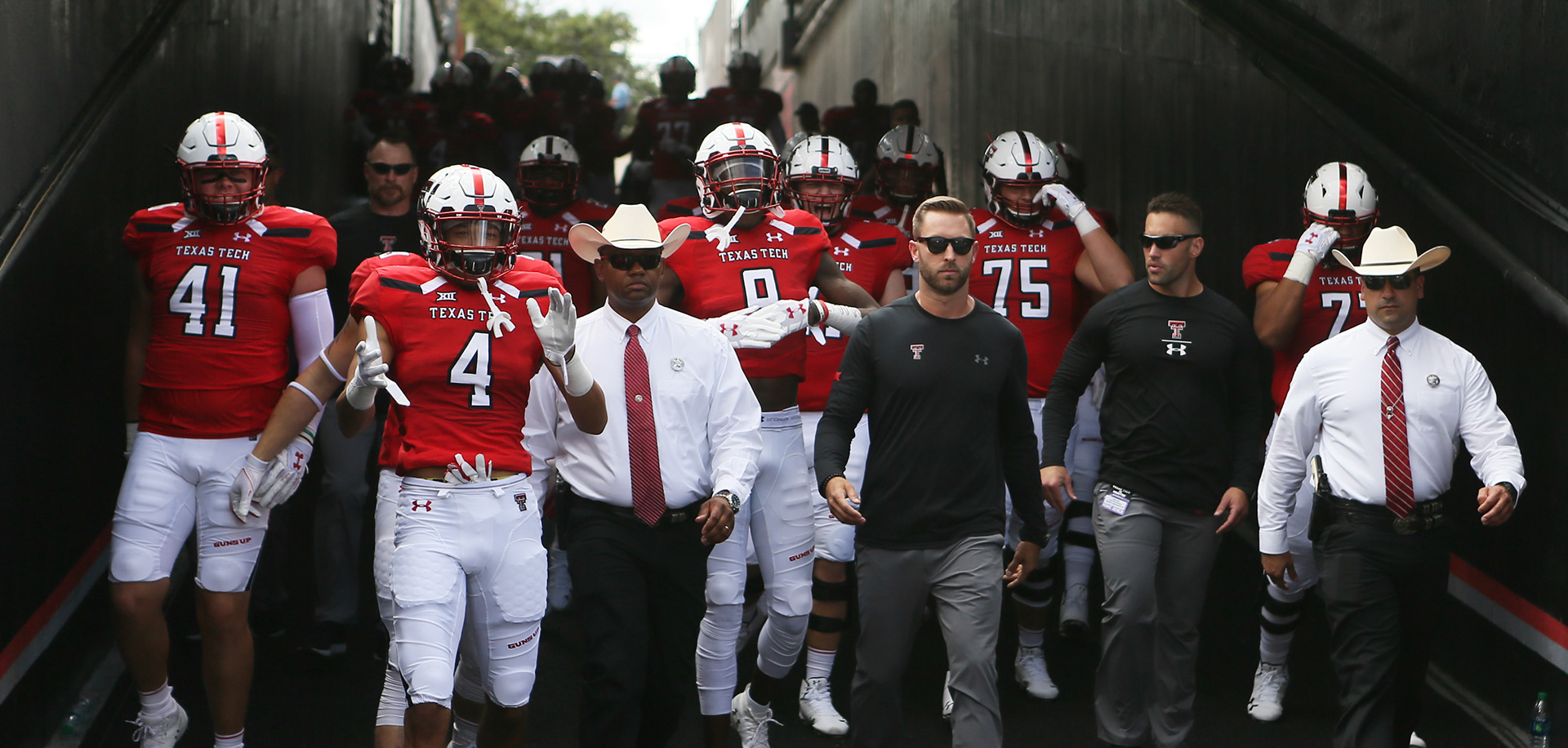 Texas Tech comes down the ramp before the game against Houston Saturday, Sept. 15, 2018, at Jones AT&amp;T Stadium in Lubbock, Texas. [Sam Grenadier/A-J Media]