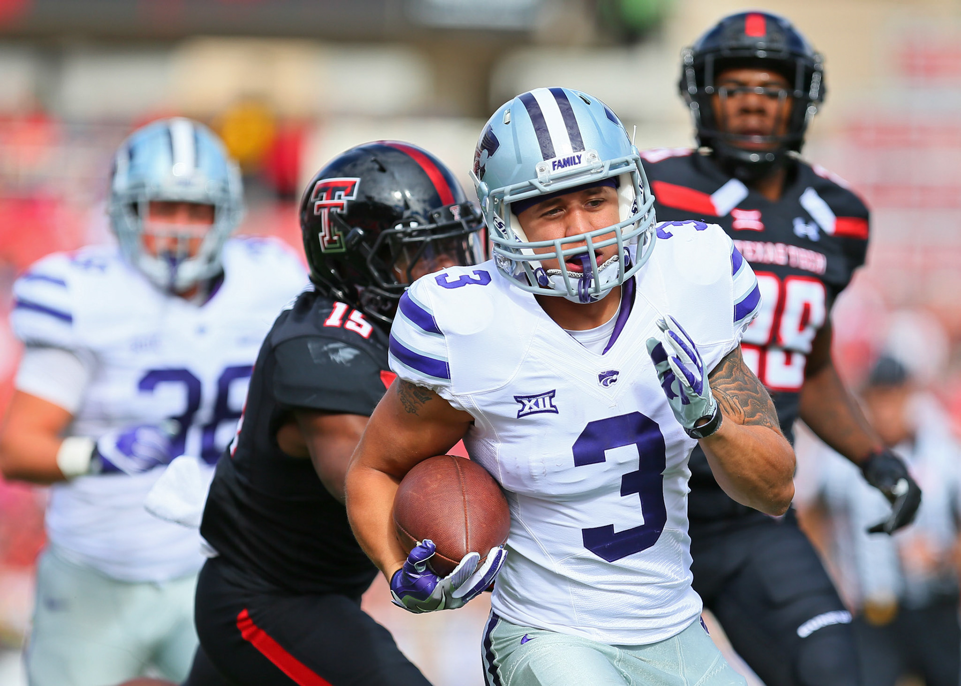 LUBBOCK, TX - NOVEMBER 04: Kansas State running back Dalvin Warmack (3)  carries the ball during the Texas Tech Raider's 42-35 loss to the Kansas State Wildcats on November 4, 2017 at Jones AT&amp;T Stadium in Lubbock, TX. (Photo by Sam Grenadier/Icon Sportswire)