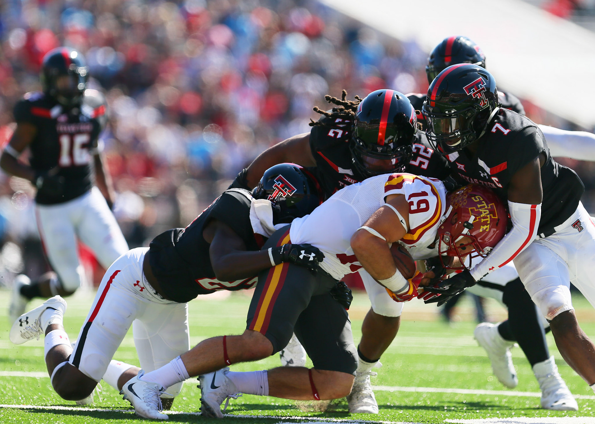 LUBBOCK, TX - October 21: Iowa State wide receiver tzrever Ryen (19) is tackled during the Texas Tech Raider's 31-13 loss to the Iowa State Cyclones on October 21, 2017 at Jones AT&amp;T Stadium in Lubbock, TX. (Photo by Sam Grenadier/Icon Sportswire)