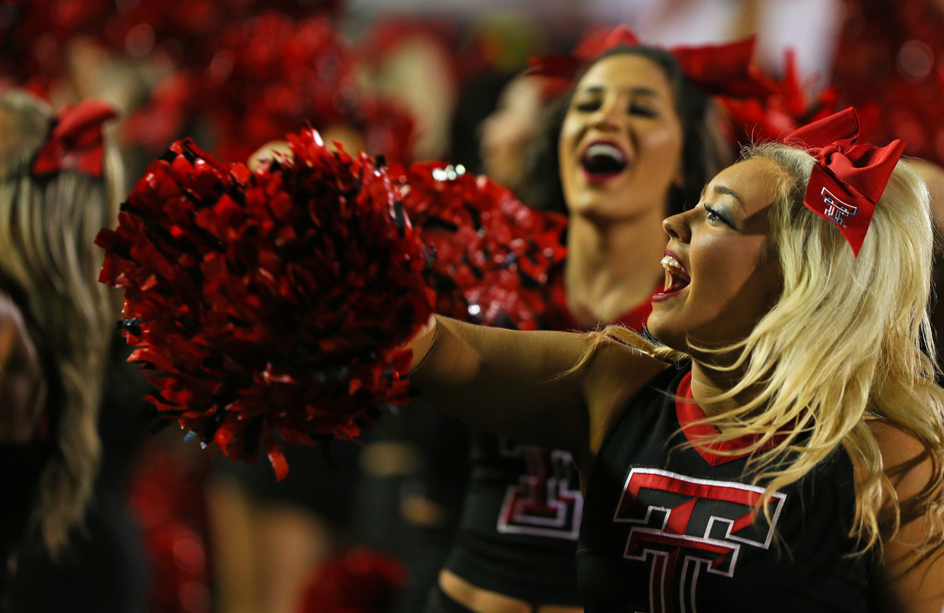LUBBOCK, TX - SEPTEMBER 16: Texas Tech cheerleaders motivate the crowd during the Texas Tech Raider's 52-45 victory over the Arizona State Sun Devils on September 16, 2017 at Jones AT&amp;T Stadium in Lubbock, TX. (Photo by Sam Grenadier/Icon Sportswire)