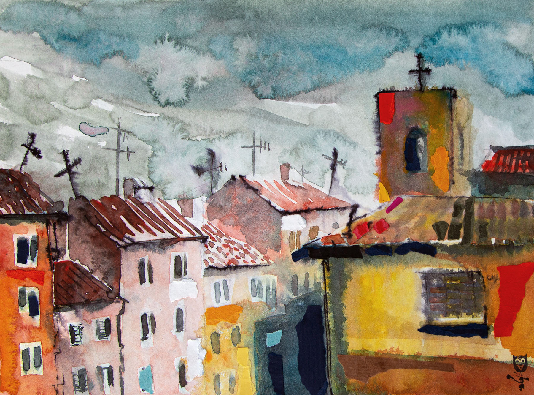 Crosses and antennas  I  watercolour, collage  |  2023  |  38 x 26 cm