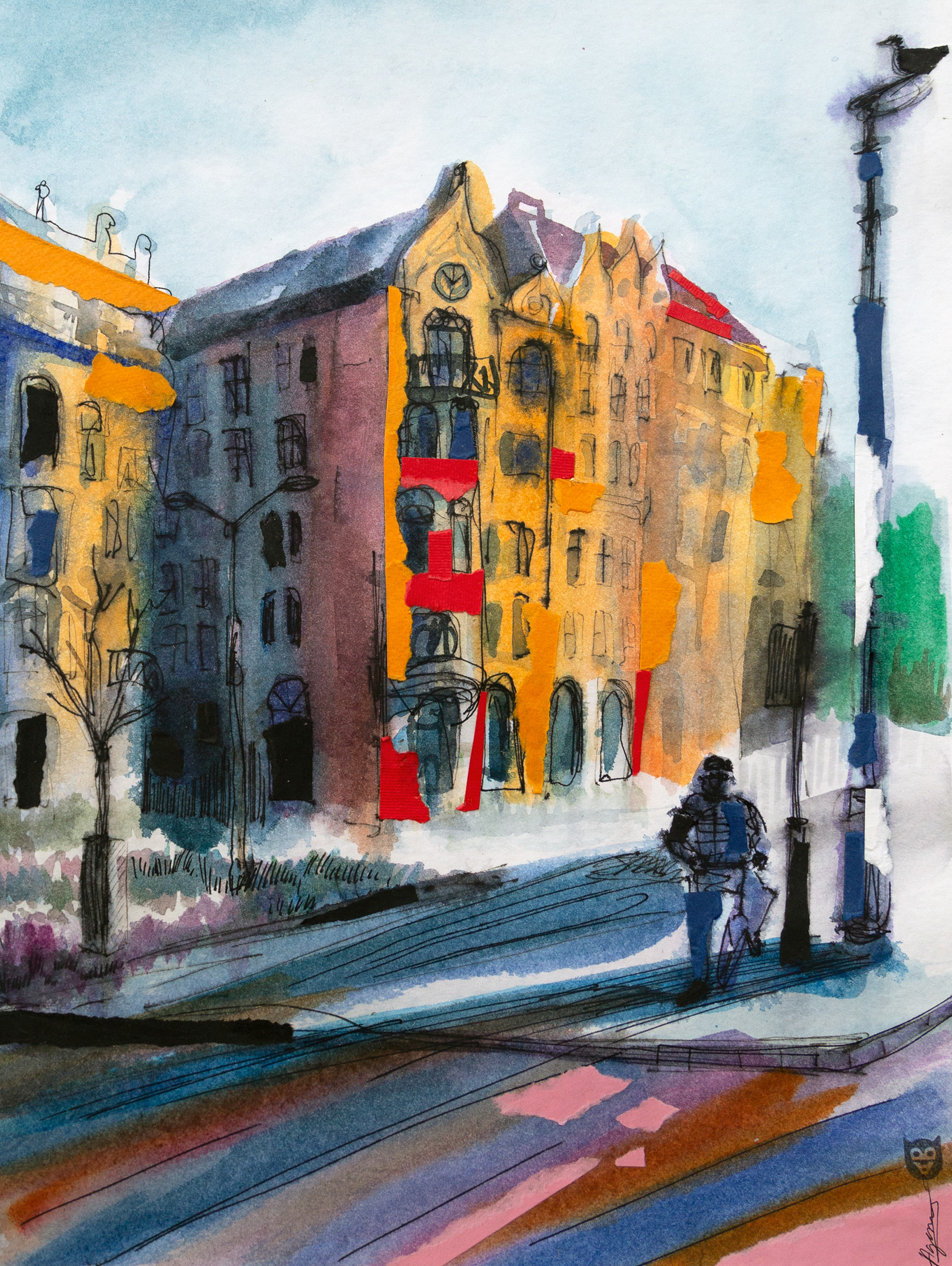 A biker and a bird  |  watercolour, collage  |  2023  |  27 x 37 cm