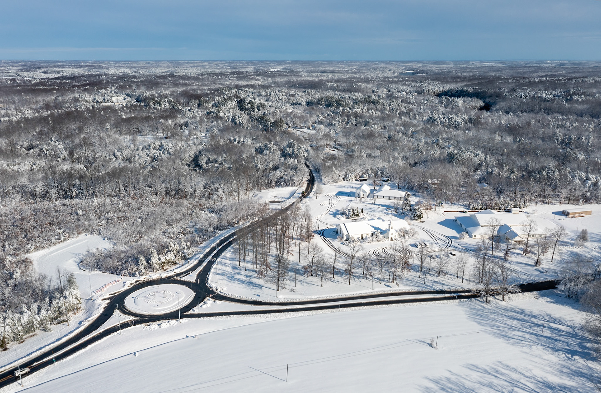 Aerial view, roundabout and snow