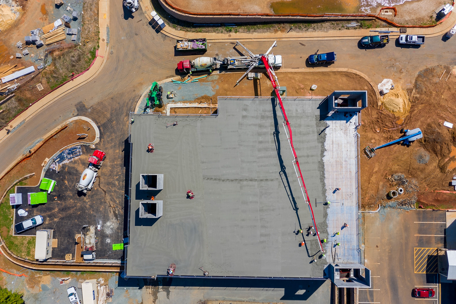 Looking down on a concrete pour job