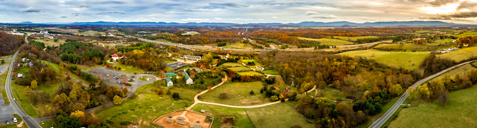 Aerial view of the farms and houses at Frontier Culture Museum in Staunton, VA