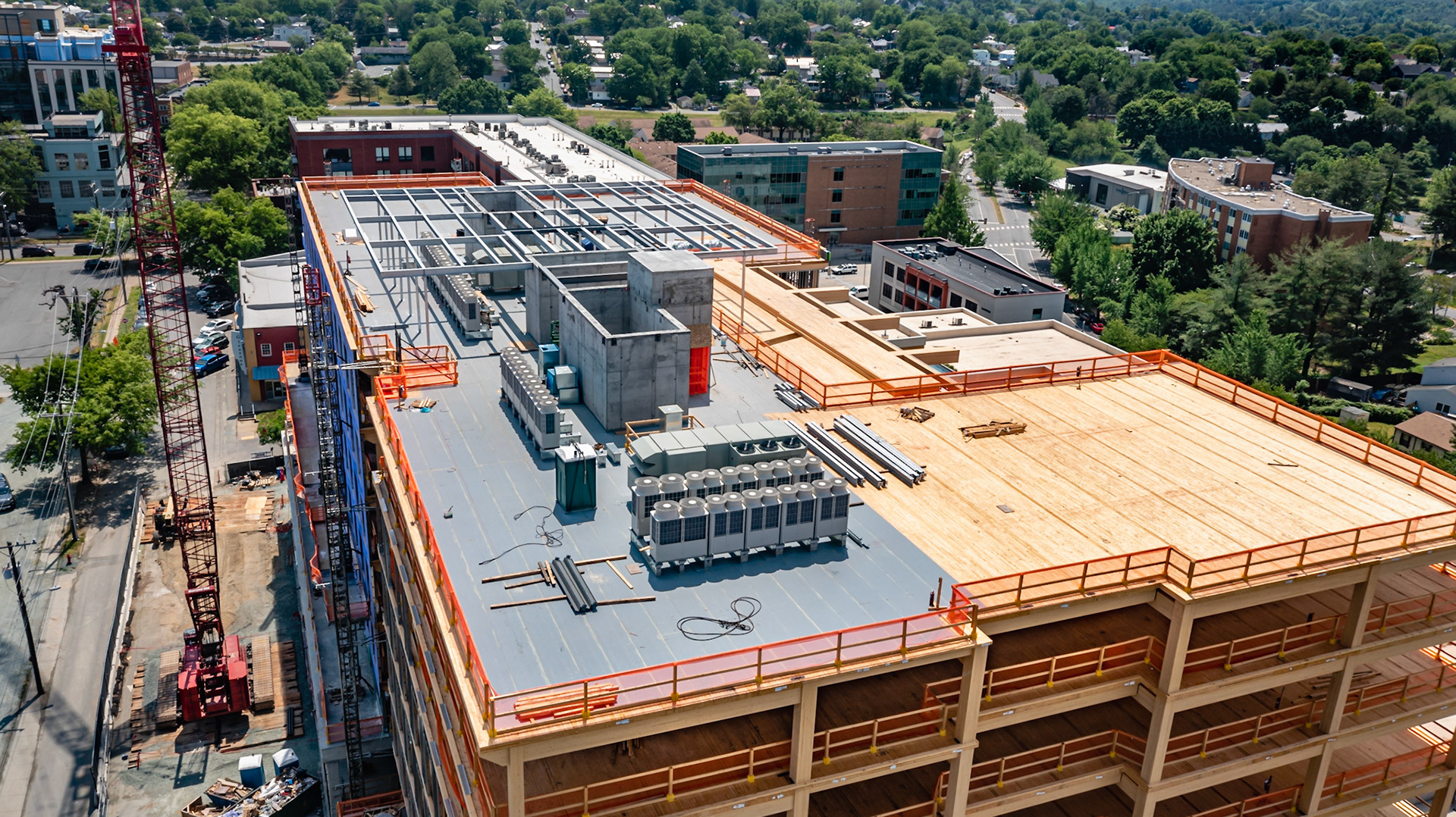 Roof top view of the Apex Clean Energy timber frame building in Charlottesville, VA., a cross laminated timber building