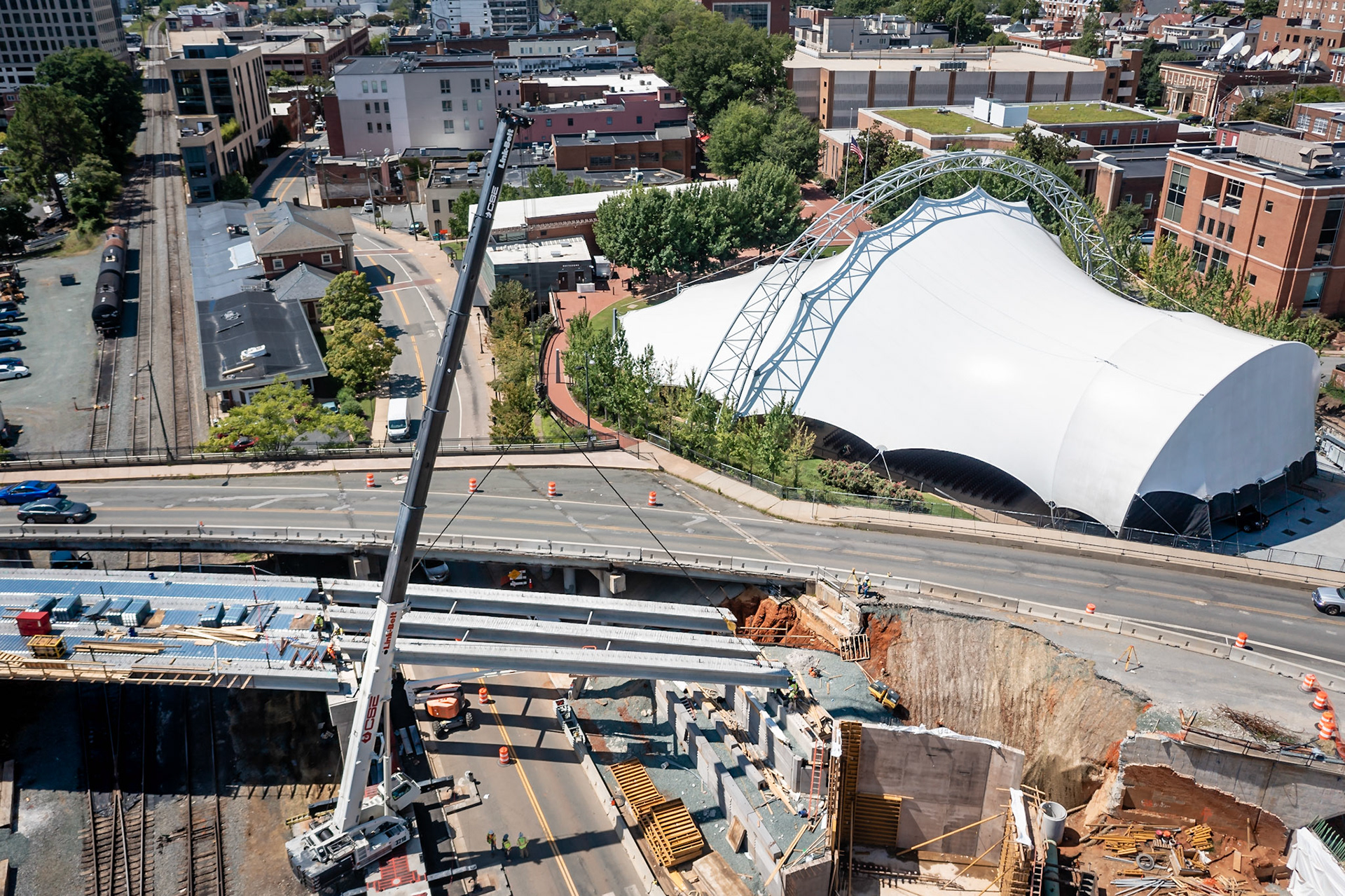 I-beam being lifted into place for the new Belmont Bridge in Charlottesville, VA.