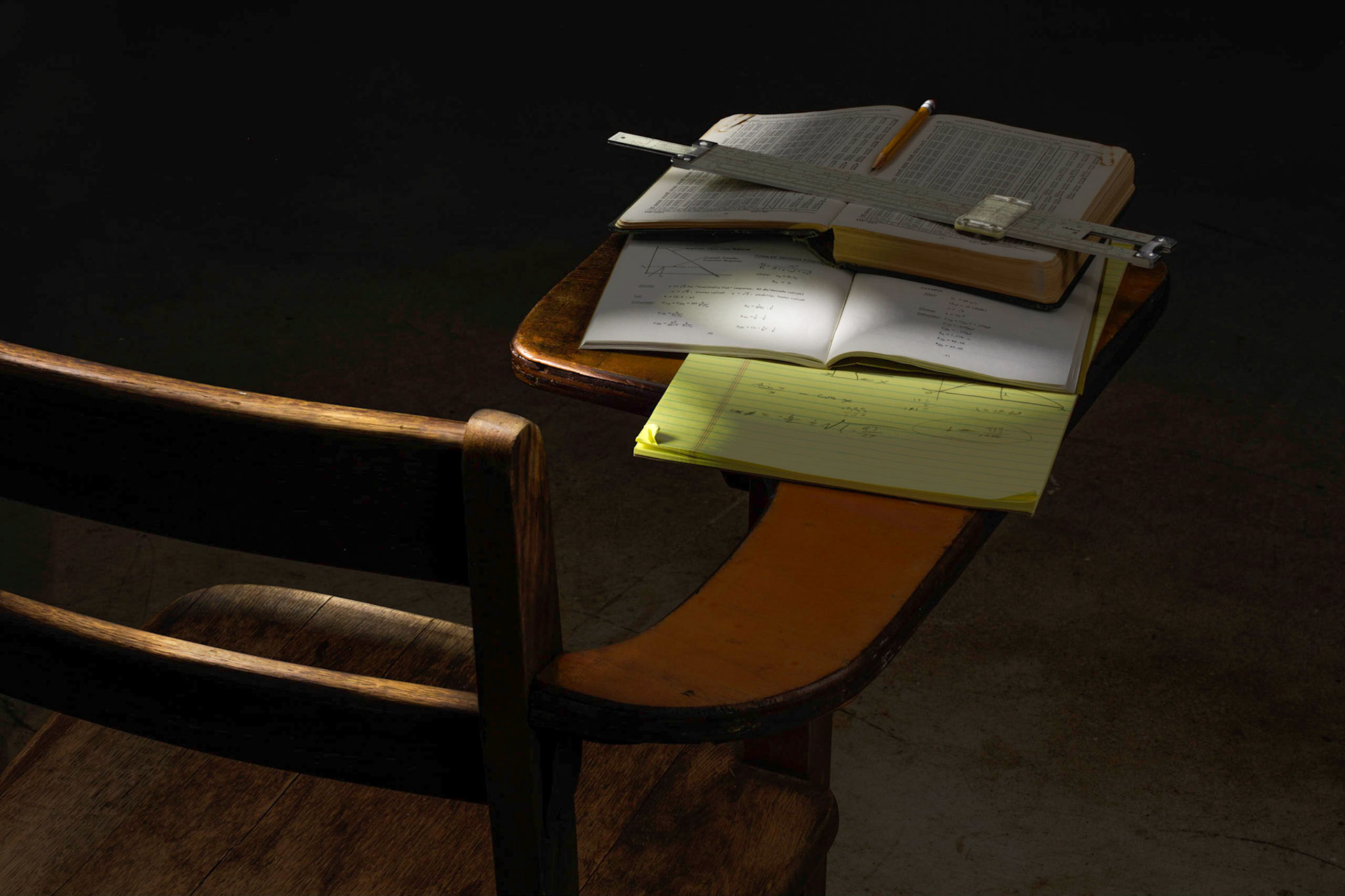 old school. paper, pencil, slide rule, and reference books