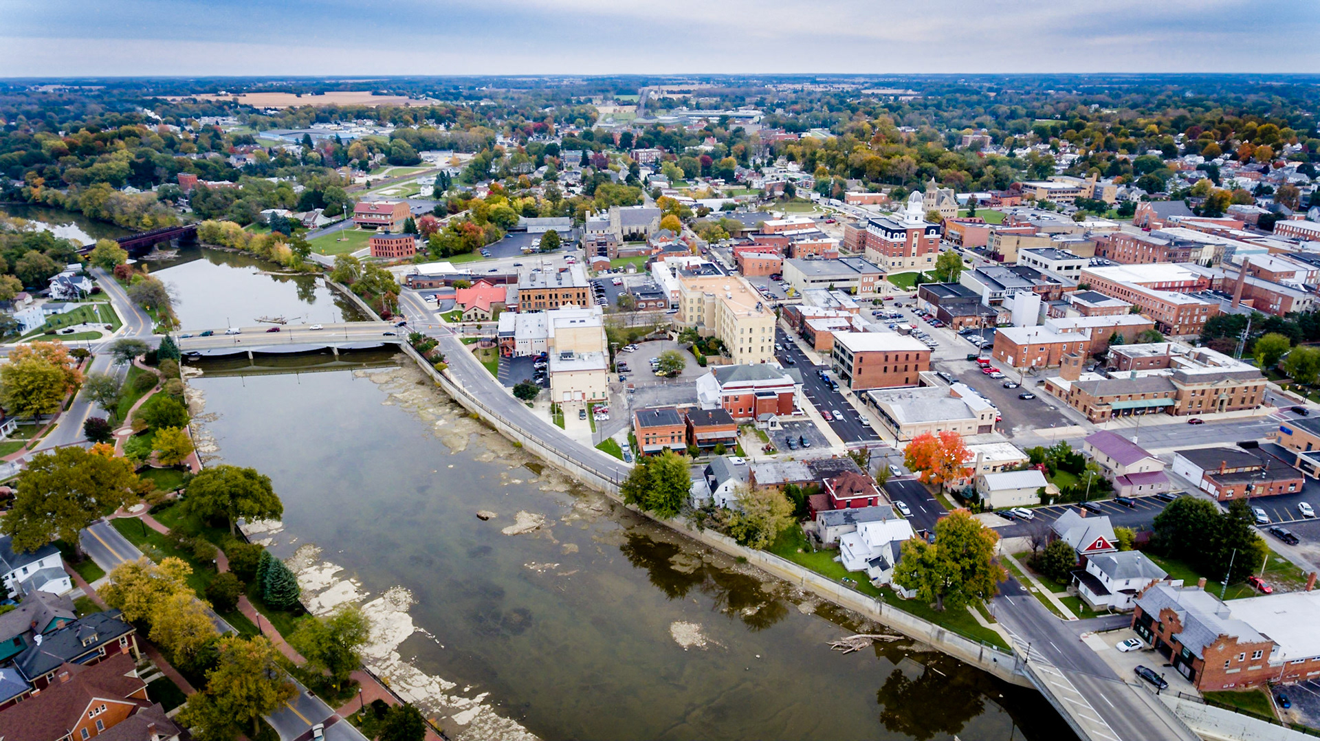 October 2018 aerial view of downtown Tiffin, Ohio and the Sandusky River