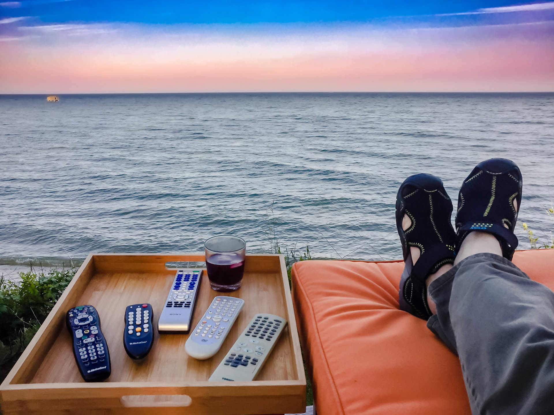 Enjoying a sunset on the Chesapeake Bay with an array remotes close by