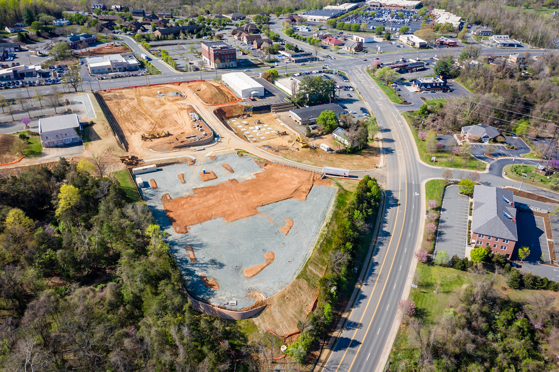 Aerial view of the Holiday Inn, Wawa and Storage Sense construction site.
