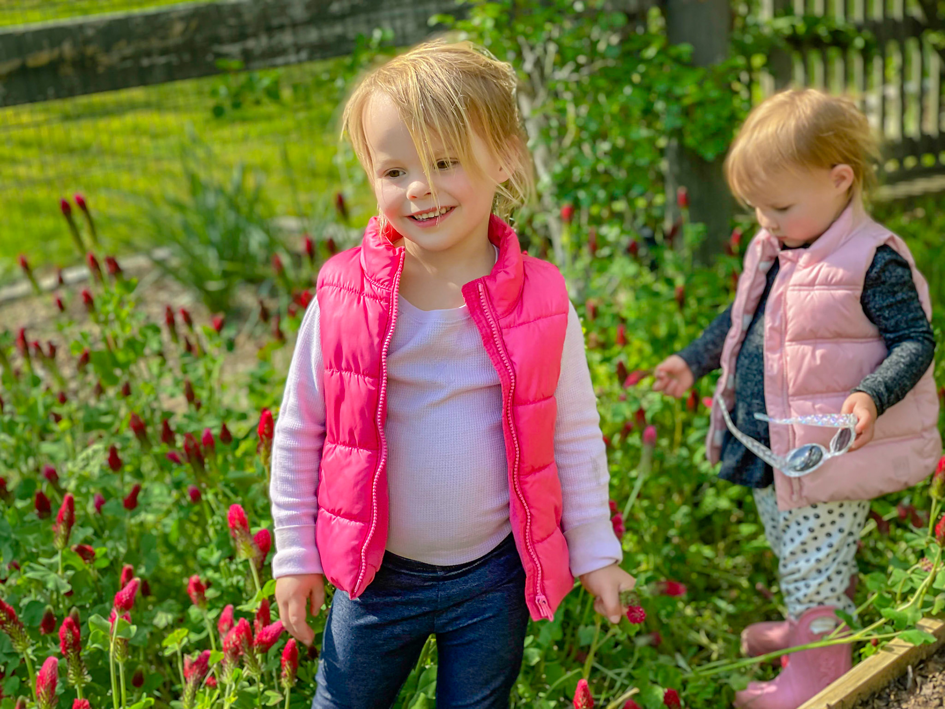Granddaughters, spring, and garden