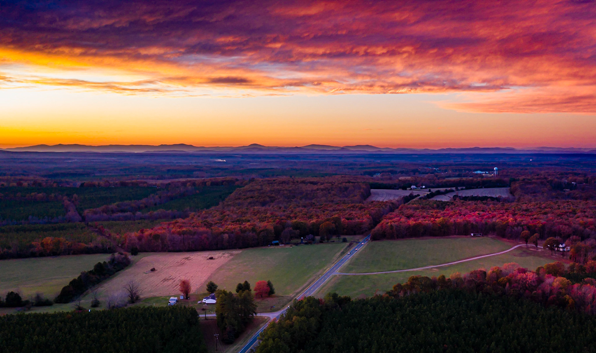 Aerial sunset views along Route 15 near Dillwyn #sunset #aerial #fall #colorful