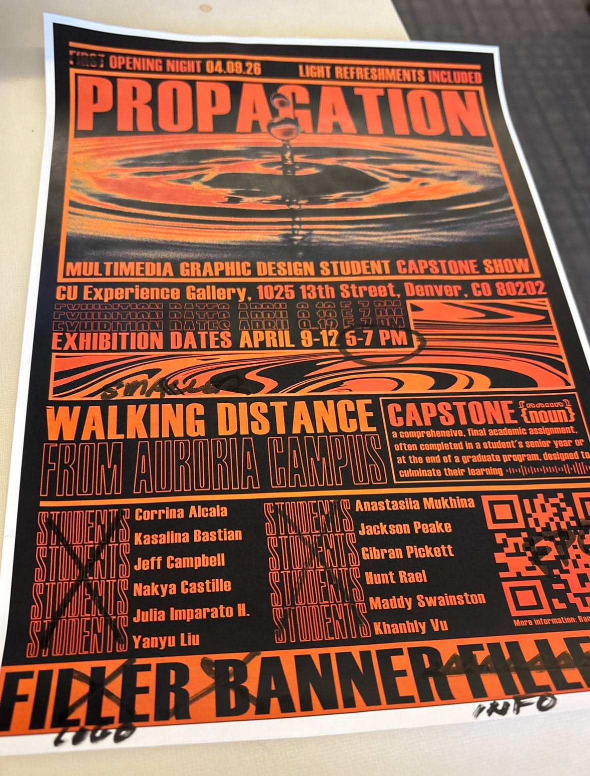 Early poster draft featuring professor and student feedback focused on strengthening layout, hierarchy, and promotional clarity.