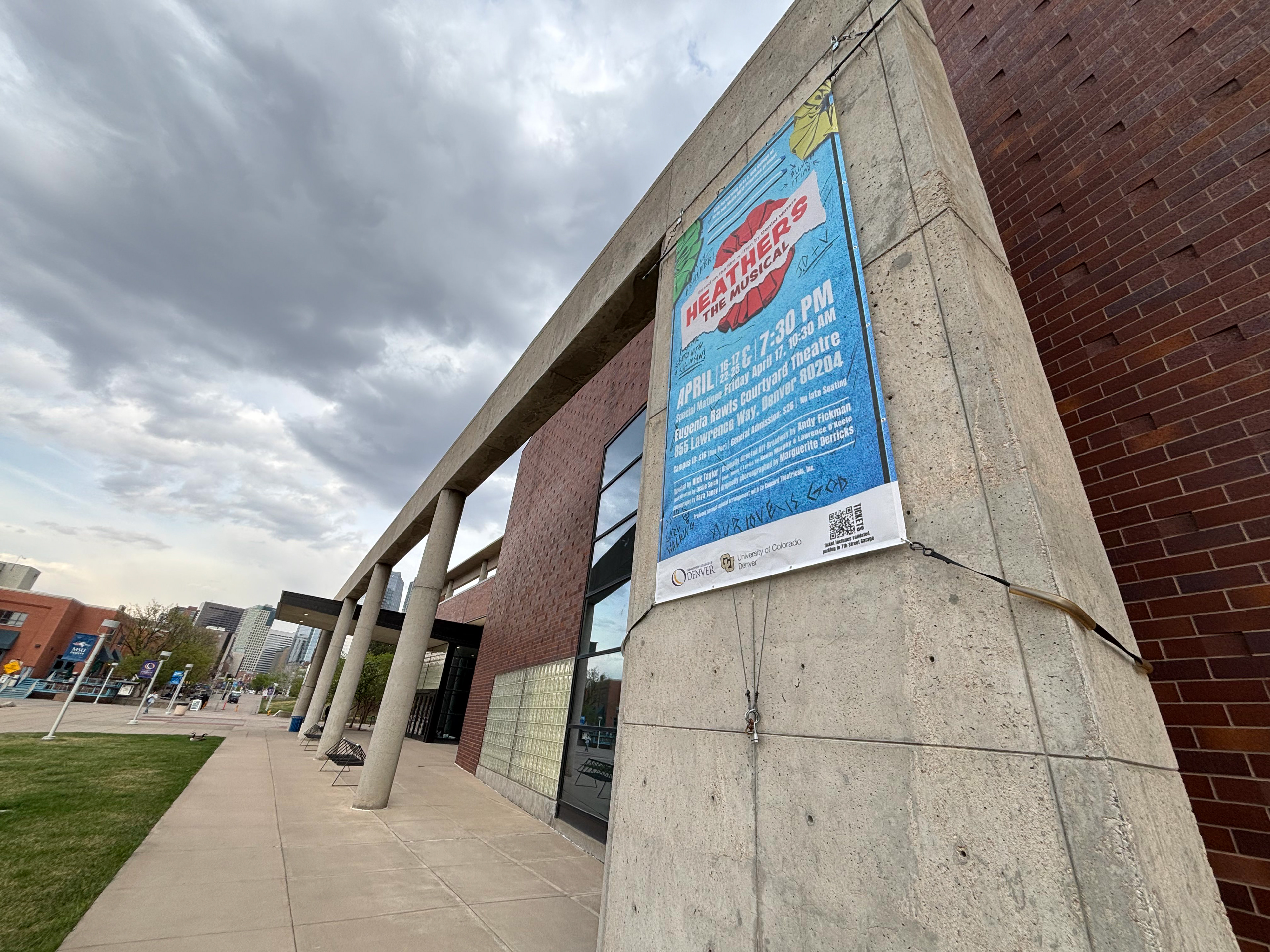 Heathers play poster hanging from the Kings Center at Auroria Campus in Denver Colorado.