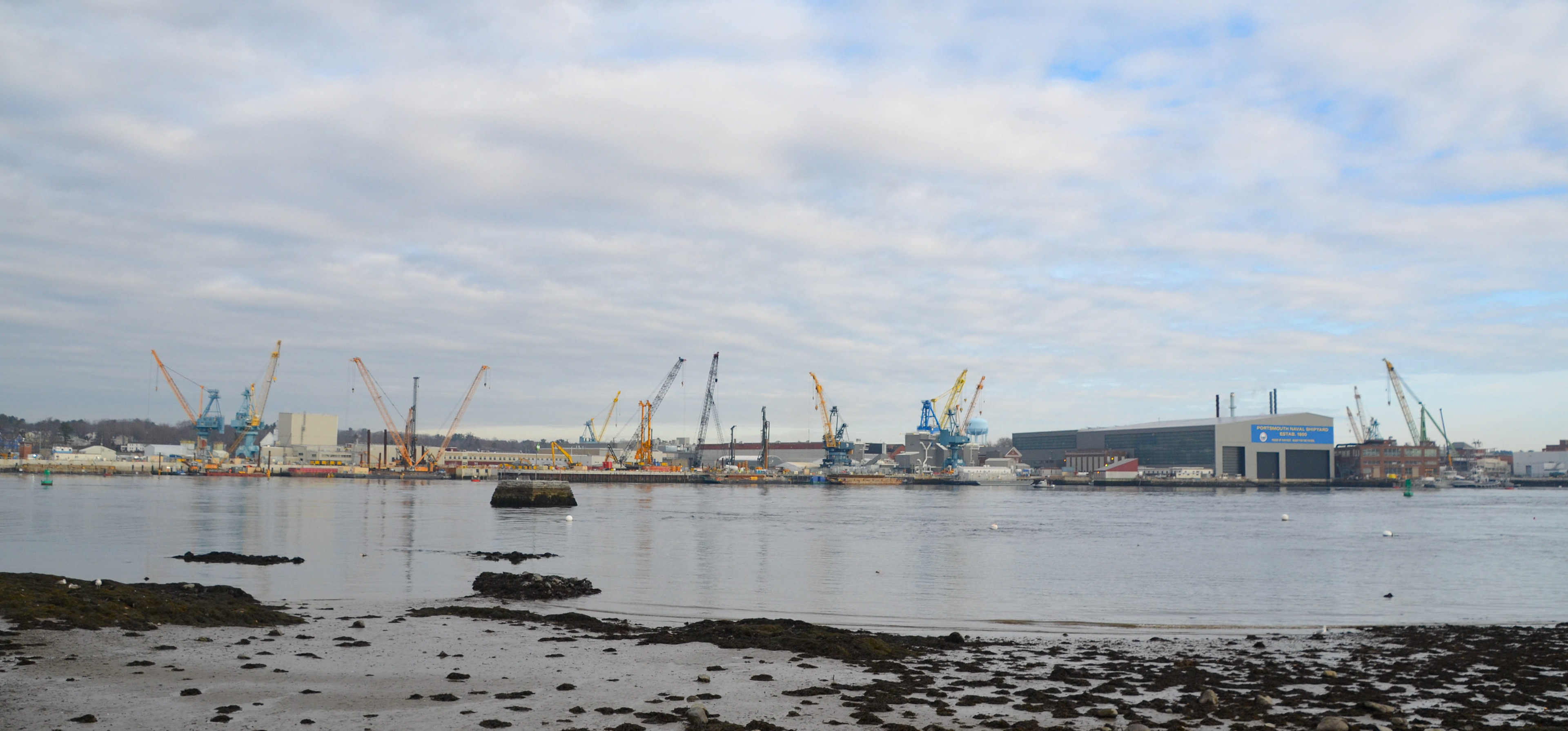 View of Portsmouth Naval Shipyard in Kittery, ME from Peirce Island