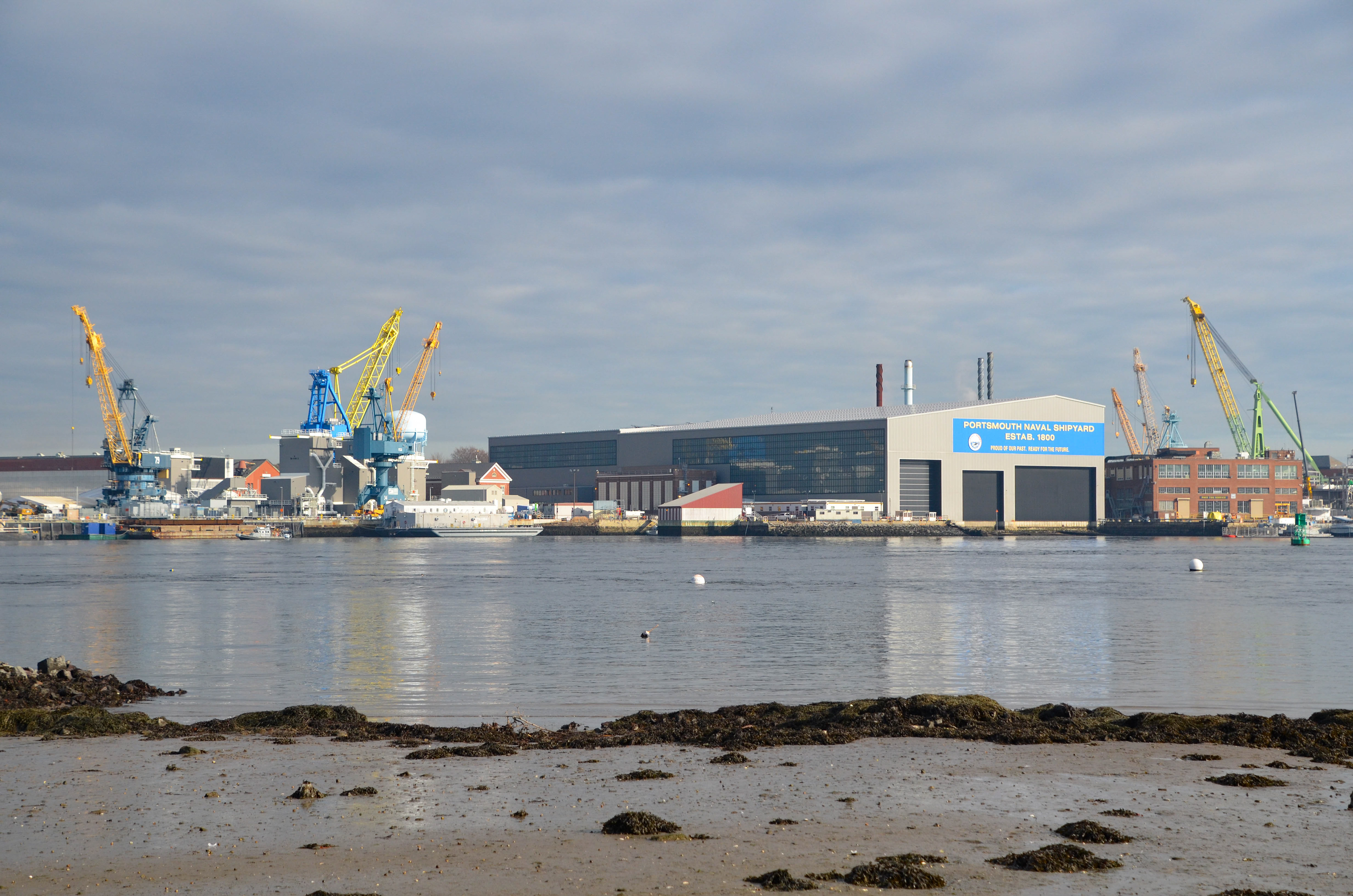 View of Portsmouth Naval Shipyard in Kittery, ME from Peirce Island