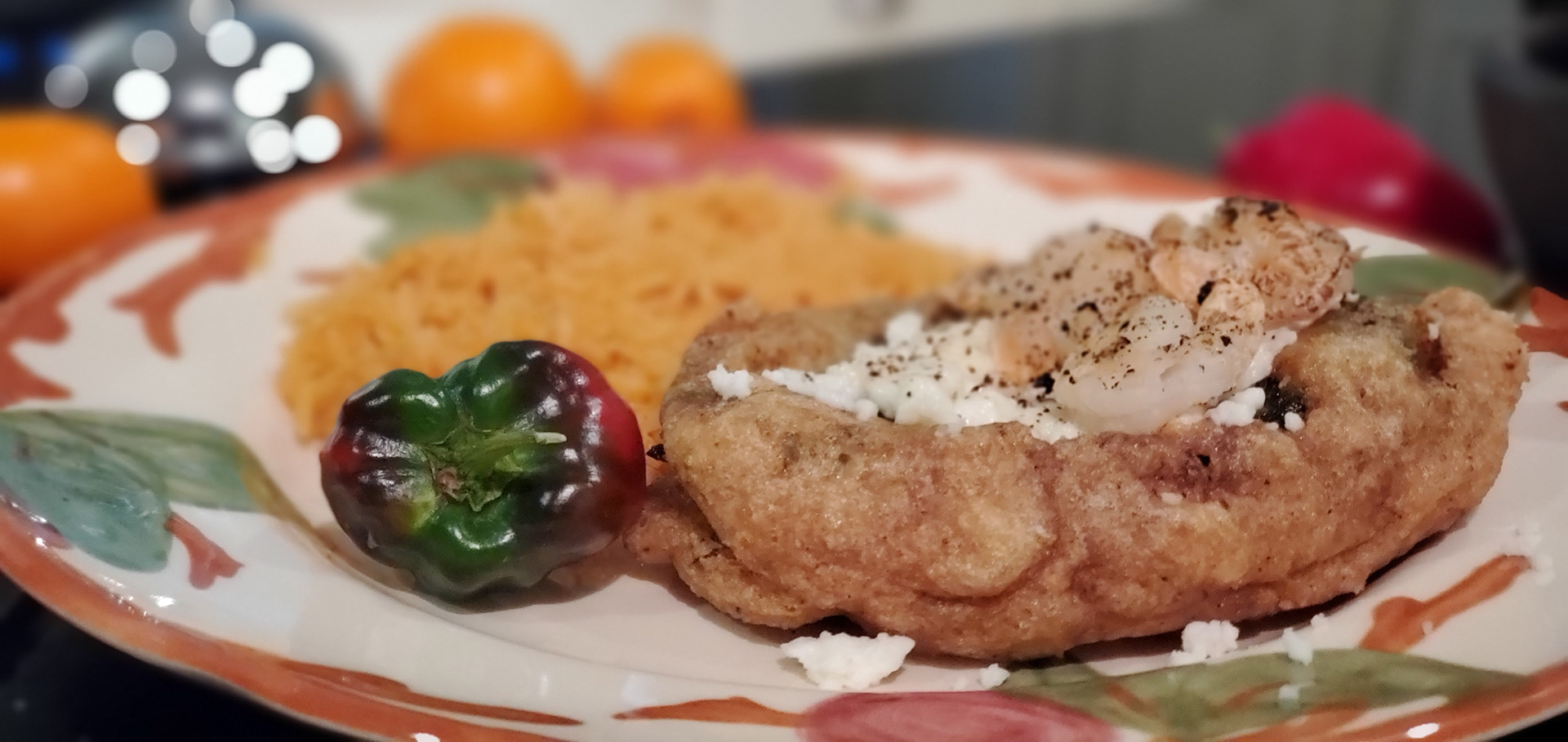#9 Chile Relleños, 2020, Photo captures homemade family dish using depth of field to focus on the main items.