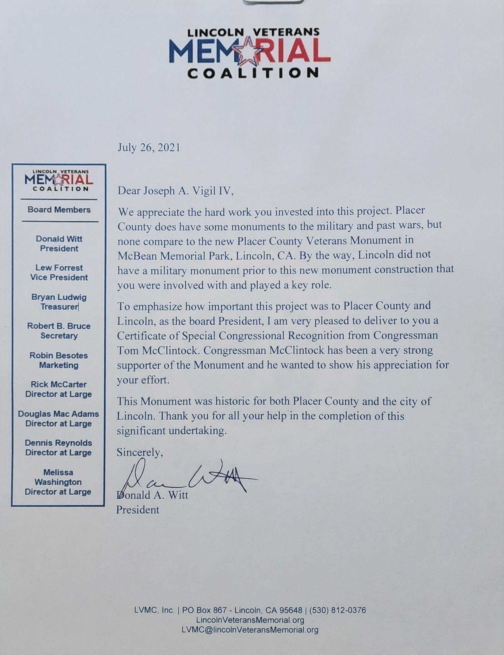 #28 Congressional Recognition, 2021, A certificate of appreciation from Congressman Tom McClintock for volunteering my skills creating the graphic for the Veterans Memorial.