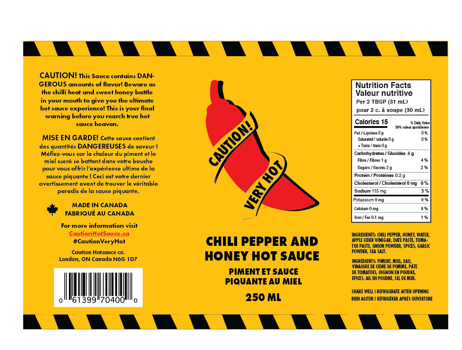 Flat design for bottle, Packaging Design, Design, Adobe Illustrator, Red and Yellow Color Scheme, Caution Tape, Red pepper with caution tape wrapping around it, caution symbols wrapping around box, 250 ml, caution very hot, hot sauce, chili pepper, Nutrition Feats, Made in Canada, Contact Information, Bar Code