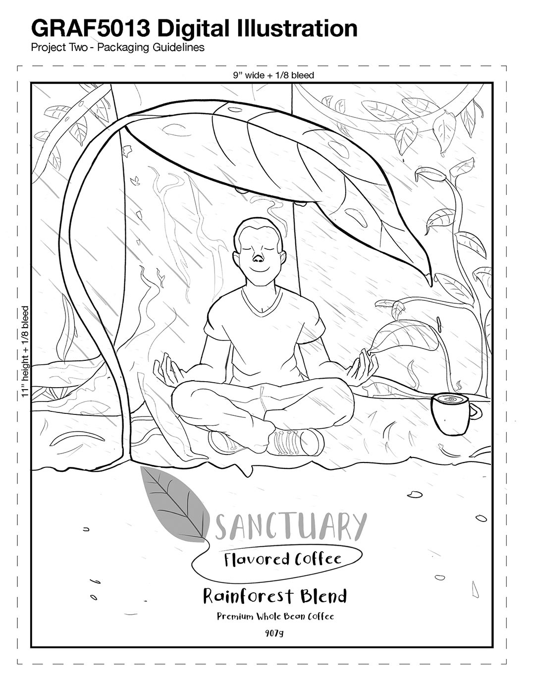 Work In Progress, Lineart version, Coffee Packaging design, Packaging and Display Design, Adobe Flavored Coffee, man meditating underneath a leaf, coffee rain, rain running down leaf into coffee mug, gigantic tree, plants thriving behind tree, logo displayed underground, product information displayed underground, rainforest blend, 907 G
