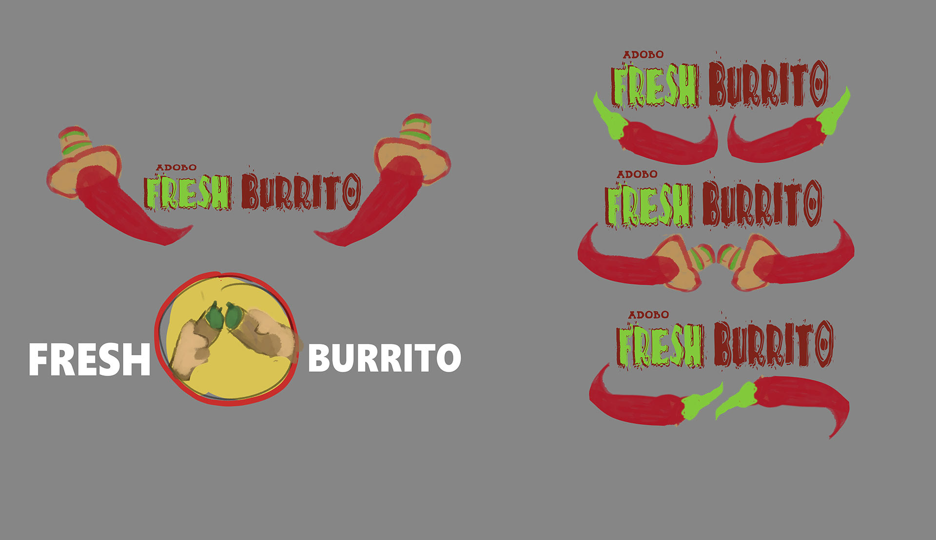 Rough concepts, alternative types, different orientations of the peppers, of logos, clip studio paint, burritos being clinked together like drinks, peppers with Mexican hats, red green and yellow color schemes, Mexican inspired fonts