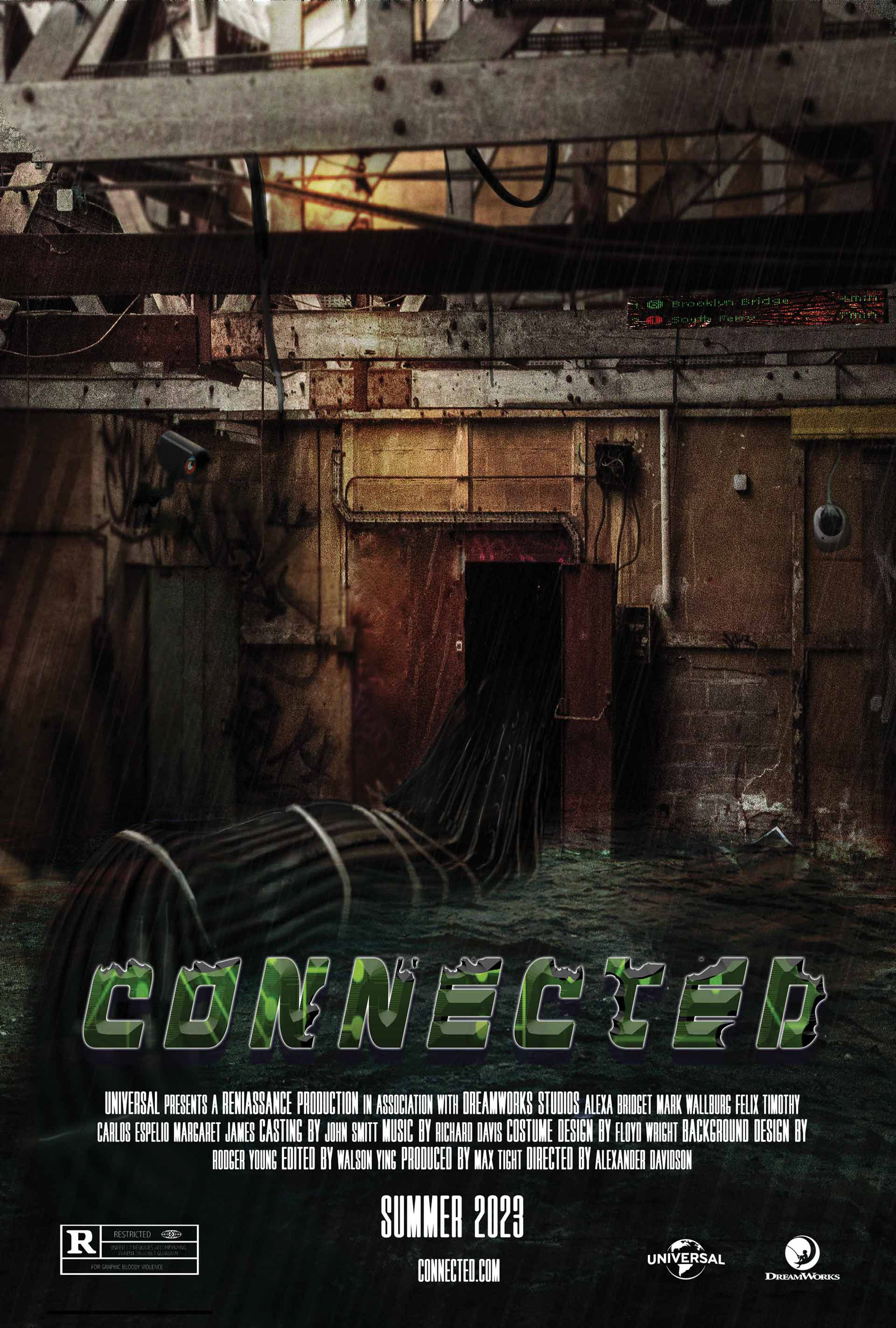 work in progress, Movie poster, photoshop, photo manipulation, photobashing, summer 2023, design, poster design, glowing white eyes, rain, liminal space, cameras, water, atmospheric
