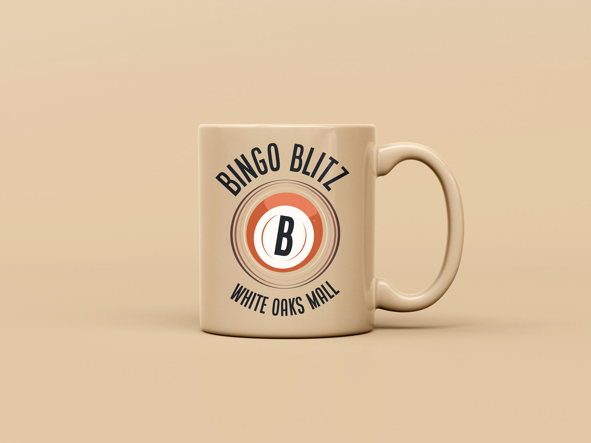 Mug design, Adobe Photoshop, text wrapping around graphic, bingo ball graphic, colored circles, beige colored mug, retro, fall colors, retro vibe