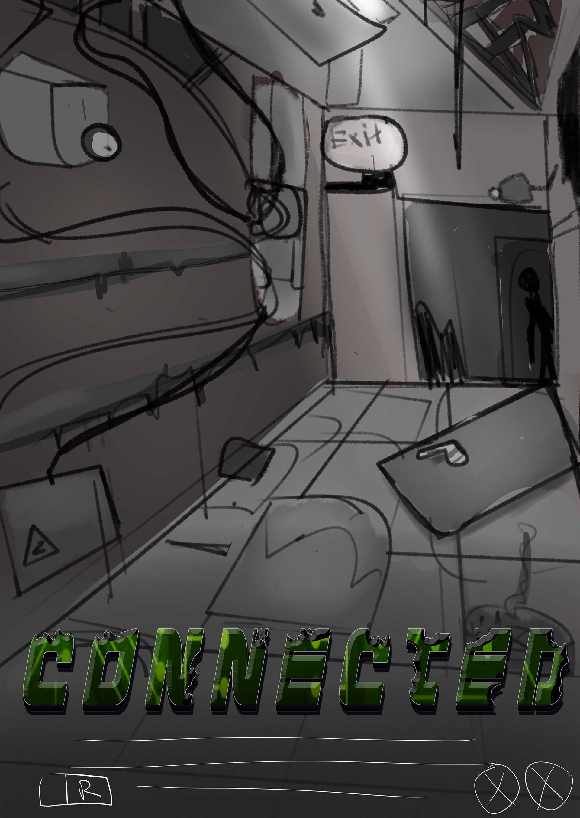 thumbnail, work in progress, clip studio paint, photoshop, logo design, illustration, liminal space, hallway, camera, broken door, wires, power box, lighting through the ceiling