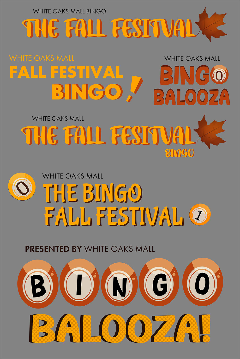 Logo concepts, roughs, Clip studio paint, fall theme, fall colors, maple leaf, bingo balls, pop art dots, grey background, yellow and orange colors used throughout