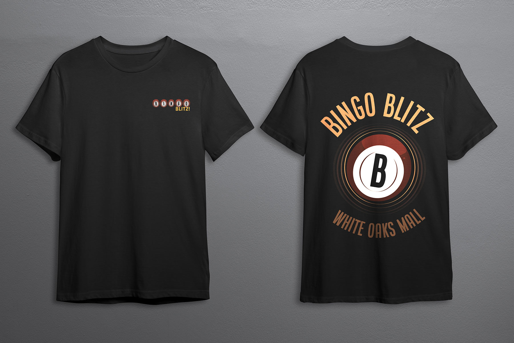 T shirt design, Adobe Photoshop, Logo applied to front of t shirt, Bingo ball with B listed on back, circles of color appearing behind ball to convey consistency of design, Bingo Blitz & White Oaks Mall text wrapping around the main graphic listed on back, retro atmosphere, retro vibe, retro colors, fall colors
