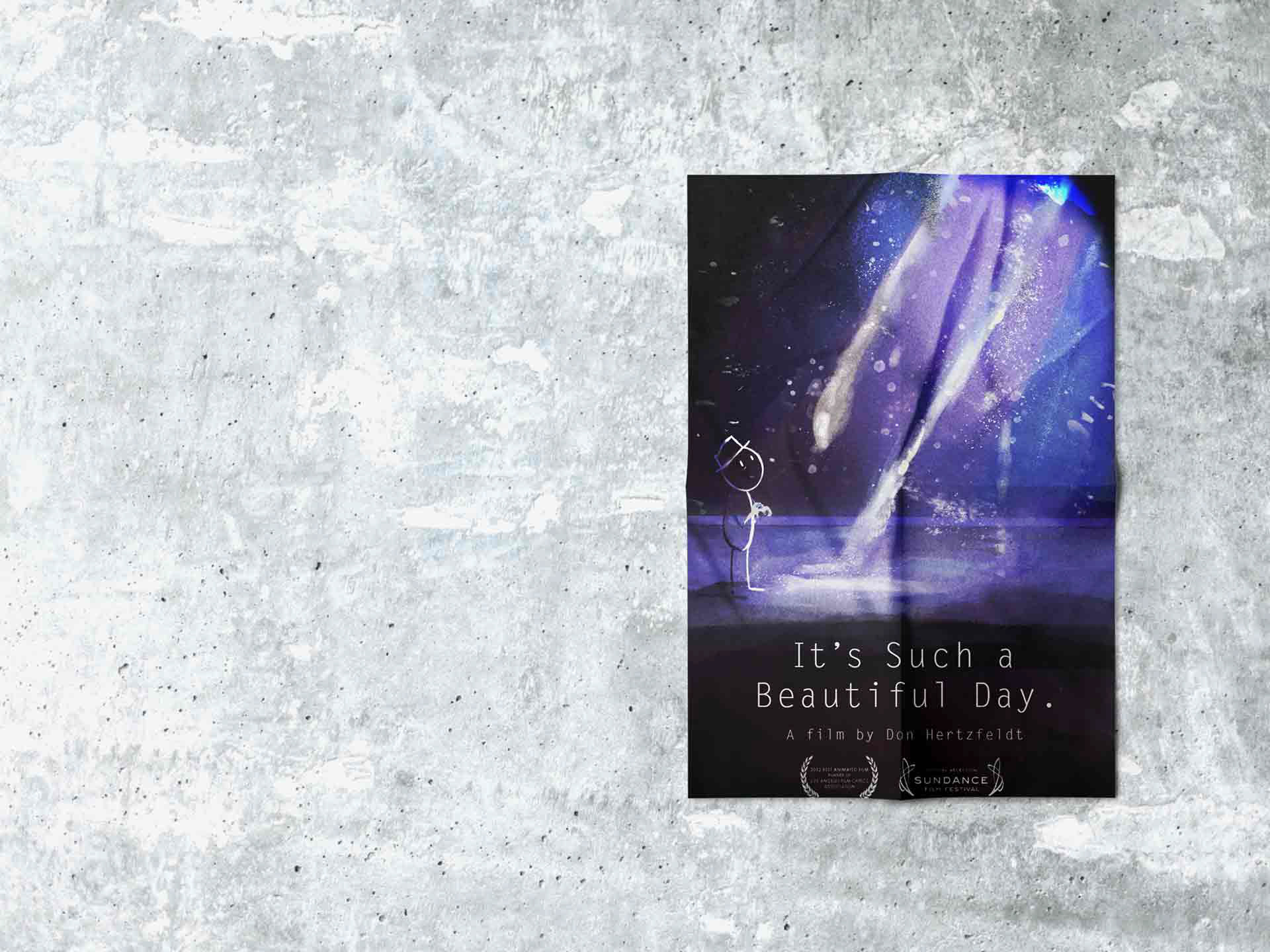 movie poster, it's such a beautiful day, don hertzfeldt, digital illustration, nighttime theming, sketchy style, heavy use of texture, strong blue light source, stickman, typewriter font, blue and purple color scheme, awards received for film