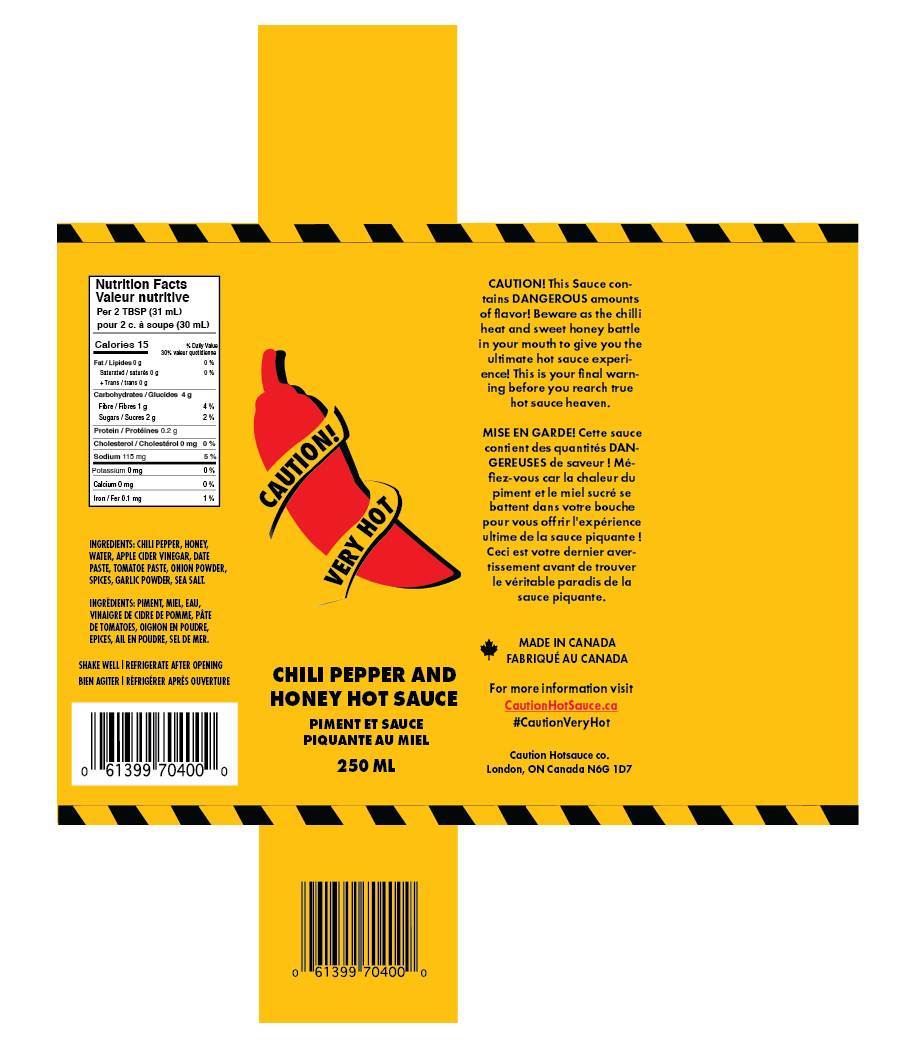 Box Design, Packaging Design, Design, Adobe Illustrator, Red and Yellow Color Scheme, Caution Tape, Red pepper with caution tape wrapping around it, caution symbols wrapping around box, 250 ml, caution very hot, hot sauce, chili pepper, Nutrition Feats, Made in Canada, Contact Information, Bar Code