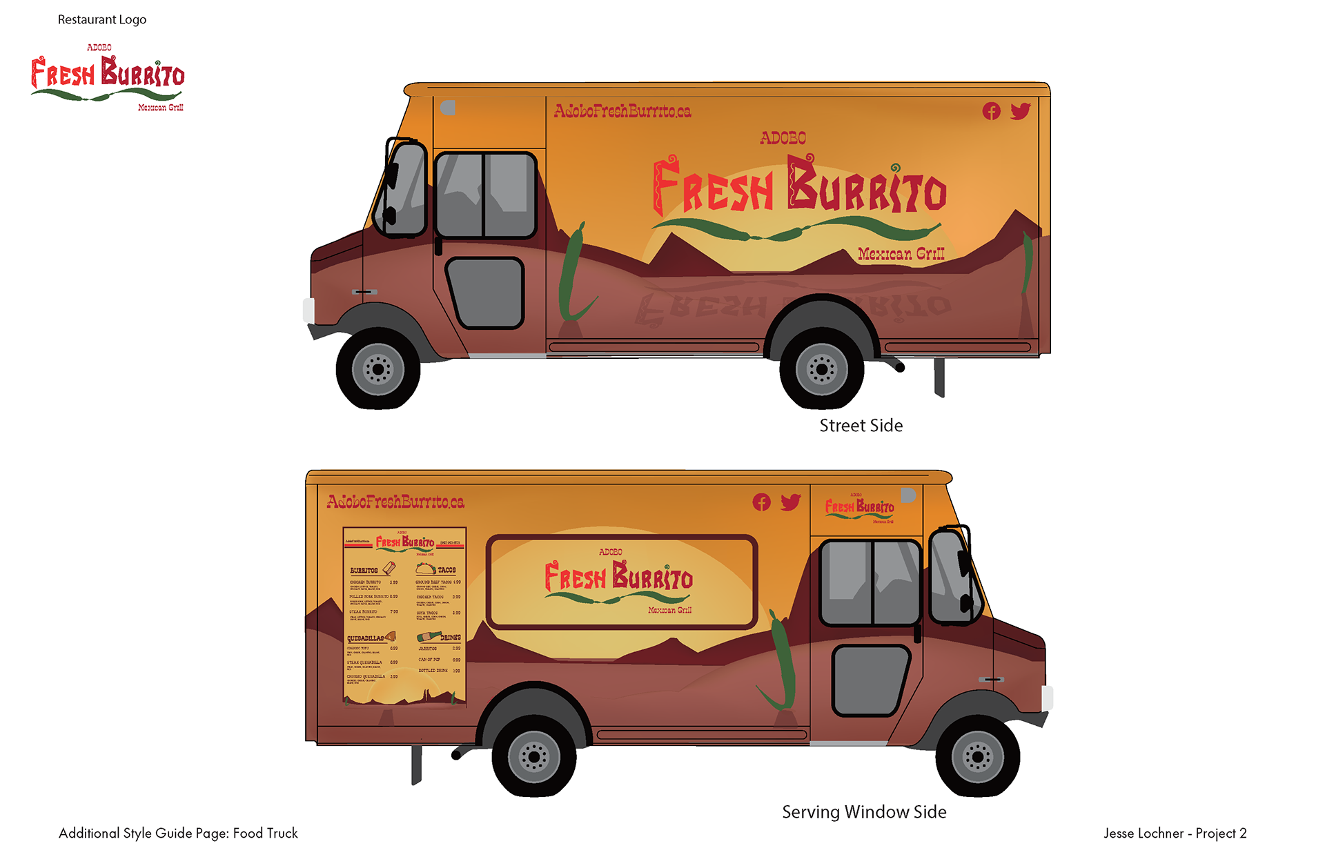 Food truck design, Adobe Illustrator, logo applied, desert atmosphere, green peppers growing out of the ground, sun setting in background, website and social media attached to top, menu on back beside service window, logo in top right corner of back for clarity