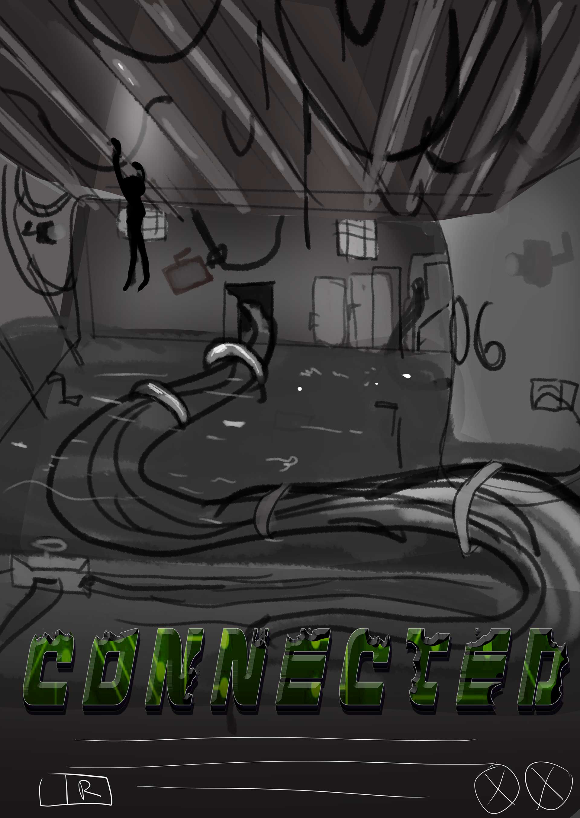 thumbnail, work in progress, clip studio paint, logo, liminal space, flooded room, ginormous wires, man hanging from ceiling, atmospheric