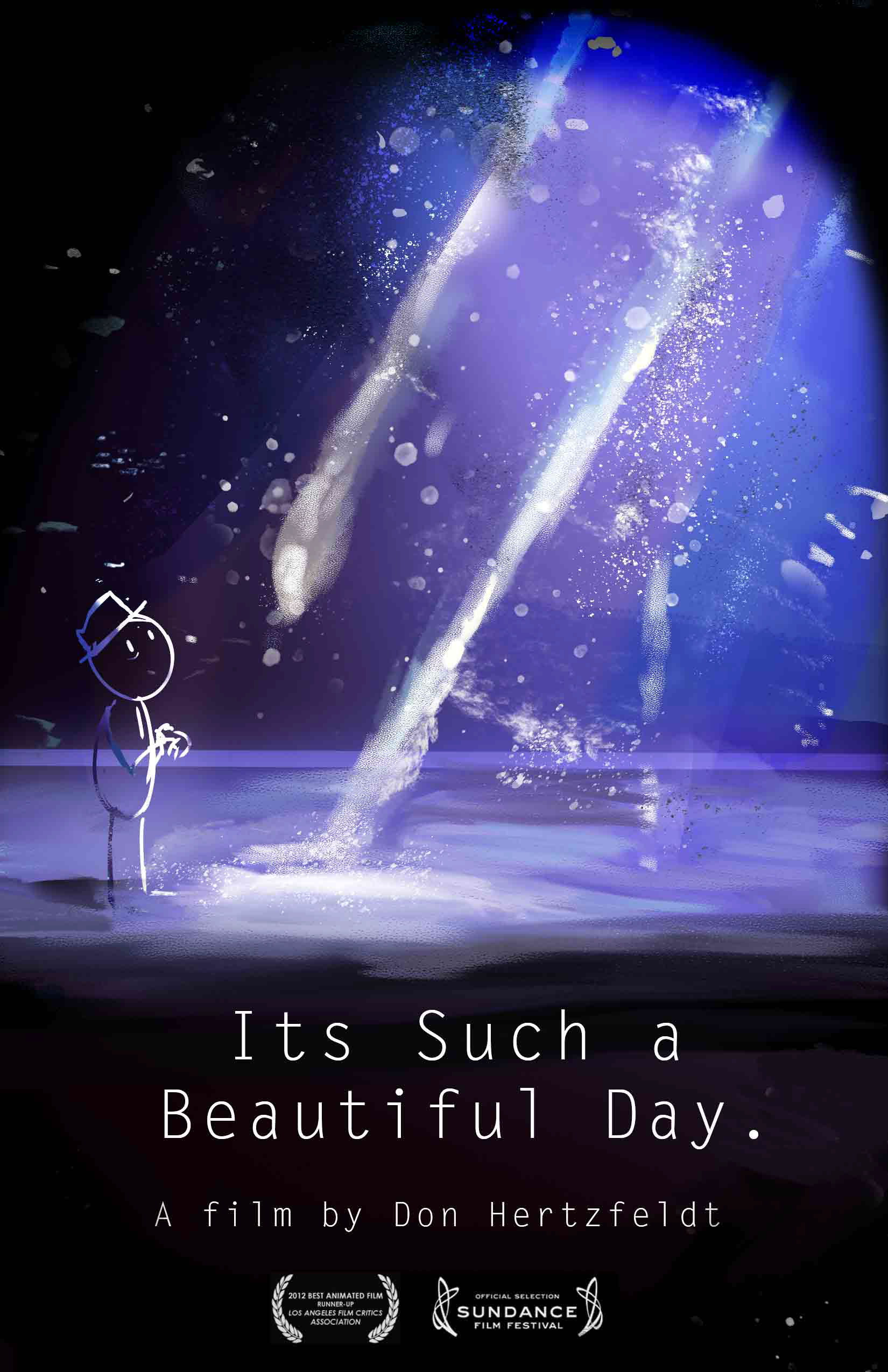 movie poster, it's such a beautiful day, don hertzfeldt, digital illustration, nighttime theming, sketchy style, heavy use of texture, strong blue light source, stickman, typewriter font, blue and purple color scheme, awards received for film