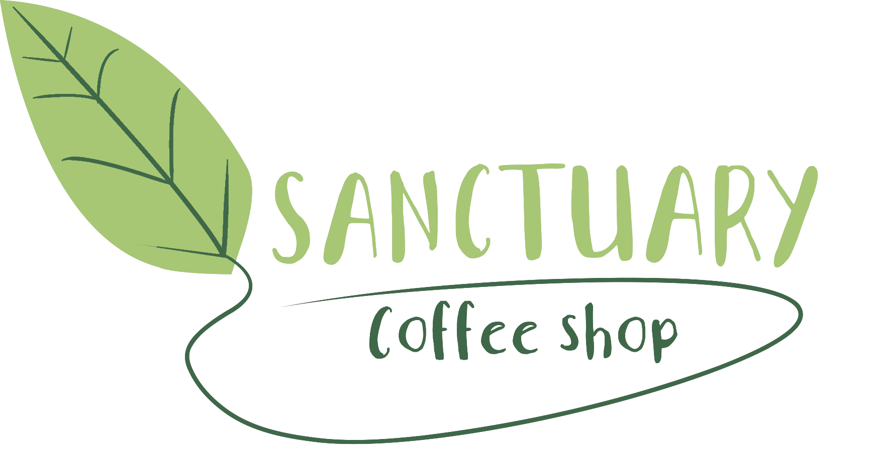 Logo, adobe illustrator, green and dark green color scheme, hand written font, leaf wrapping around coffee shop, sanctuary coffee shop, alternative version of logo