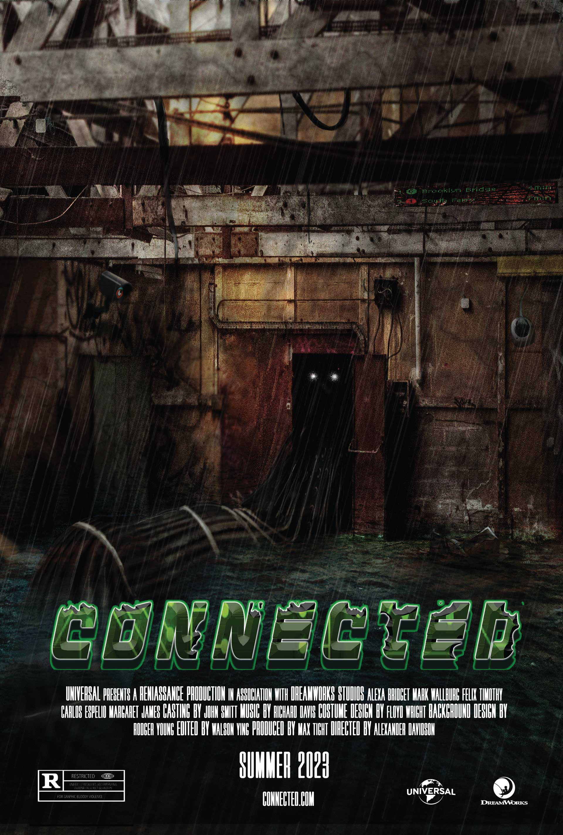 Movie poster, photoshop, photo manipulation, photobashing, summer 2023, design, poster design, glowing white eyes, rain, liminal space, cameras, water, atmospheric