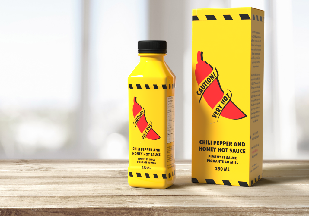 Mockup Packaging Design, Design, Adobe Photoshop, Adobe Dimensions, wooden table background, bright yellow bottle, Red and Yellow Color Scheme, Caution Tape, Red pepper with caution tape wrapping around it, caution symbols wrapping around box, 250 ml, caution very hot, hot sauce, chili pepper, Nutrition Feats,
