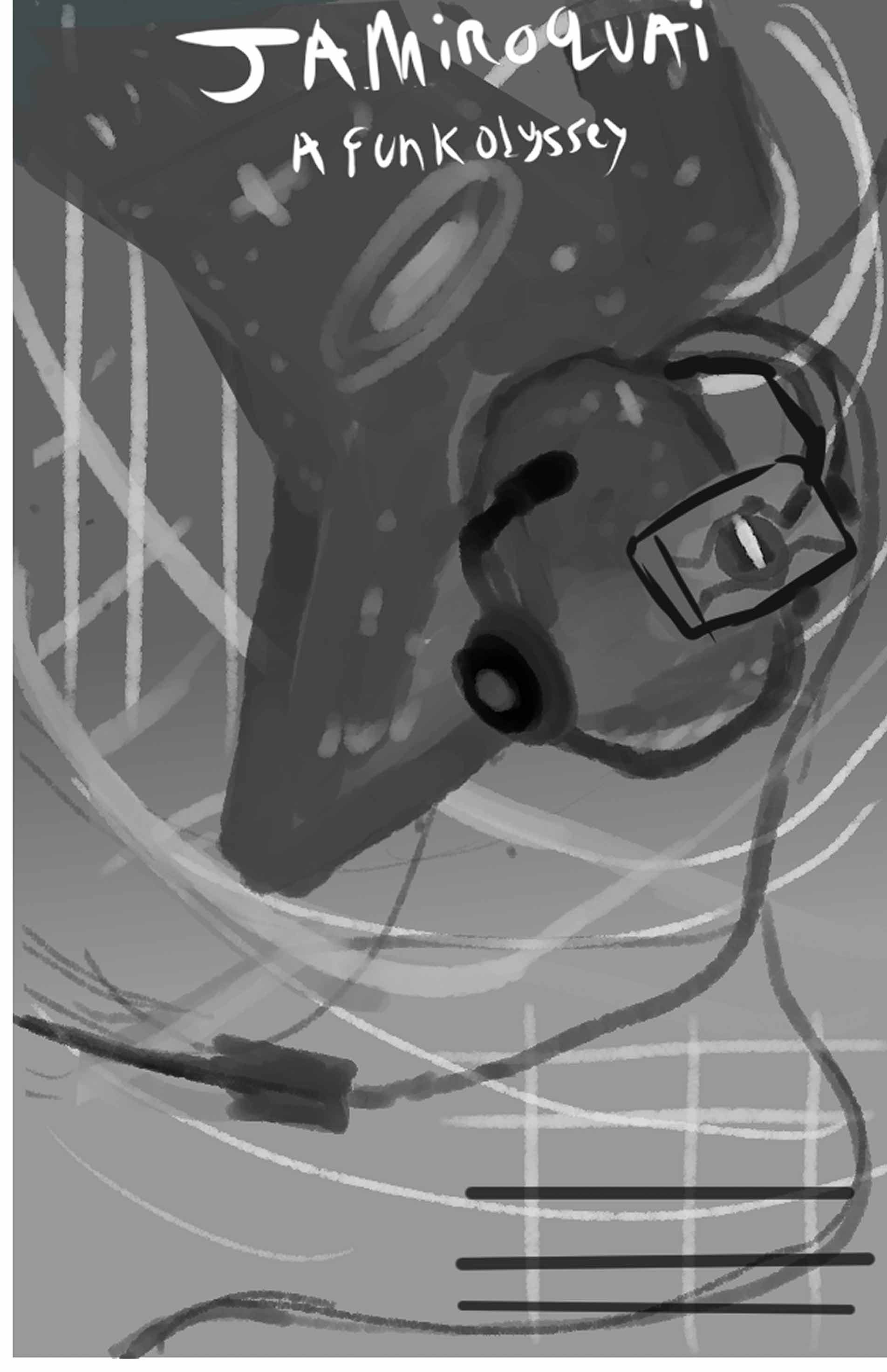 thumbnail, black and white, band poster, Jamiroquai, a funk odyssey, photoshop, digital illustration, digital painting, bright colors, futuristic mask, space theme, japanese pop, funk, pop funk, headset, the out back shack