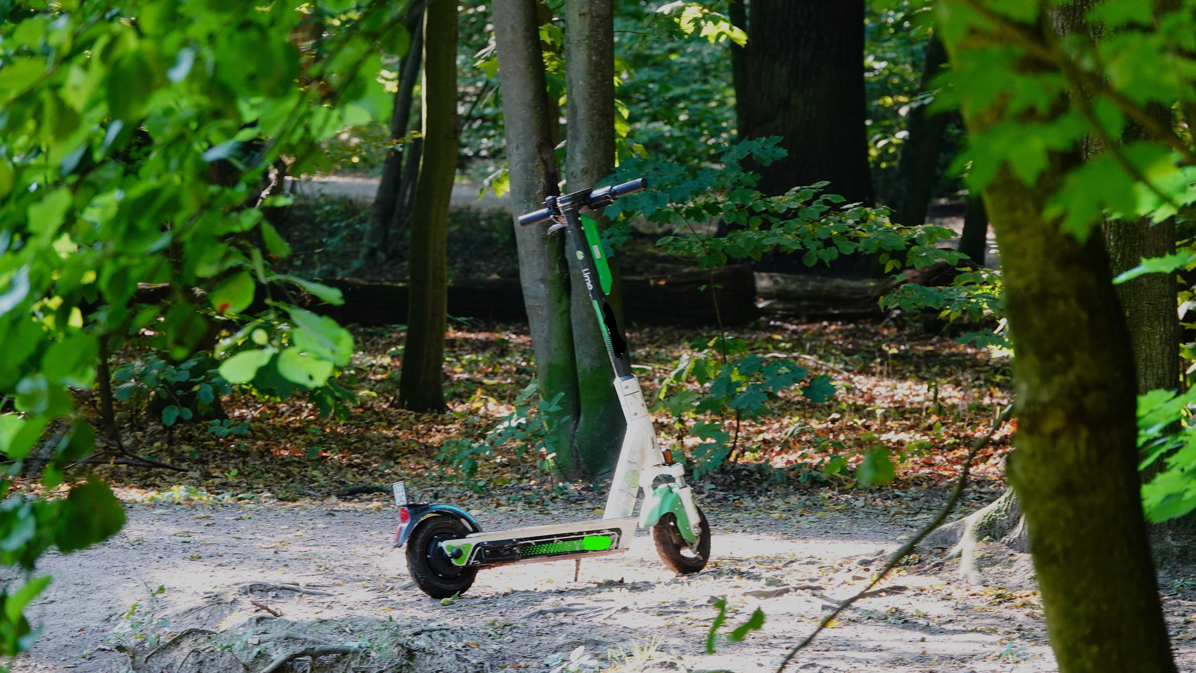 abgestellter e-scooter im wald
