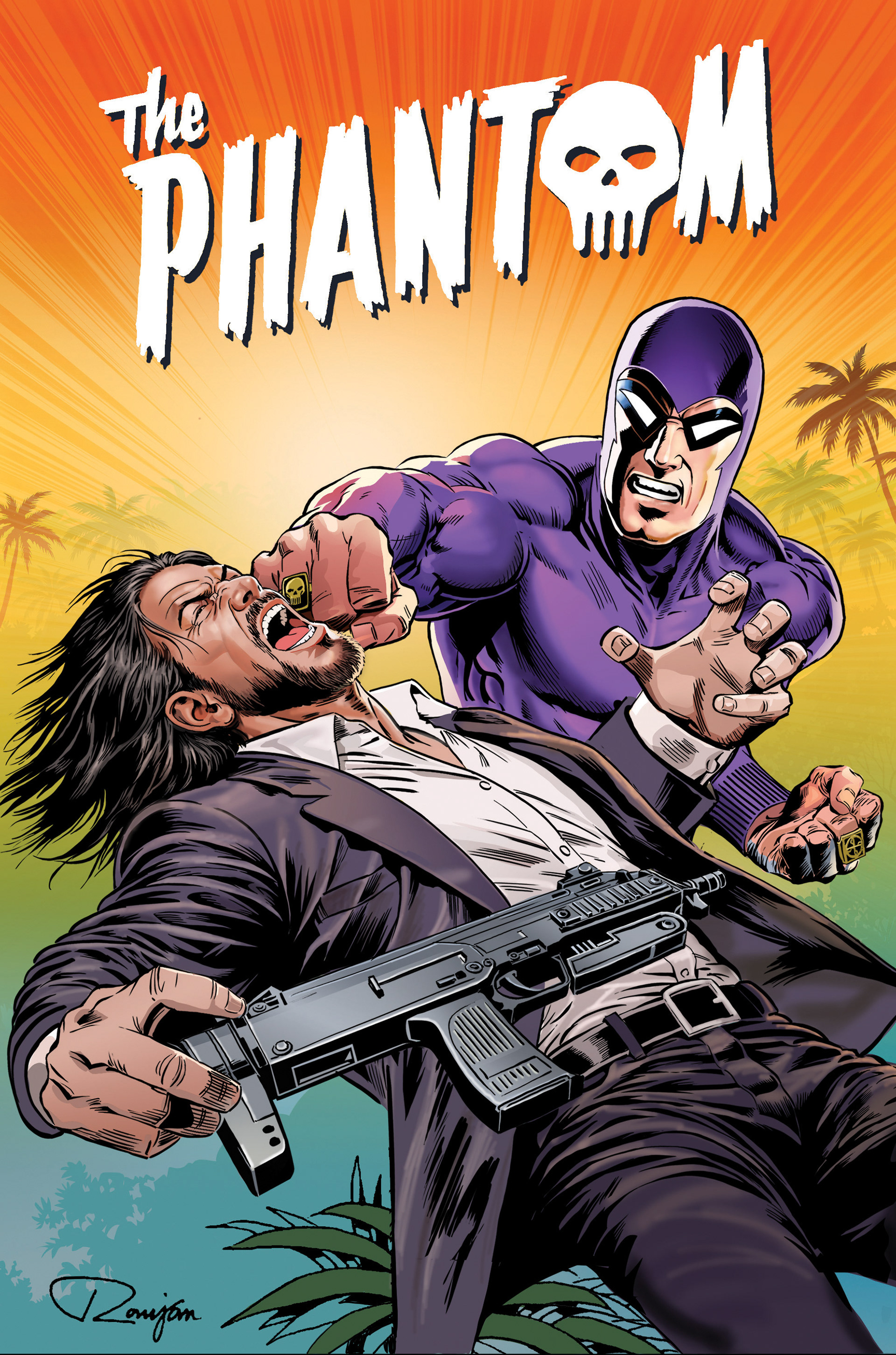 Commissioned cover illustration featuring The Phantom in an action scene, digitally colored by Indian comic artist Ranjan Dutta.